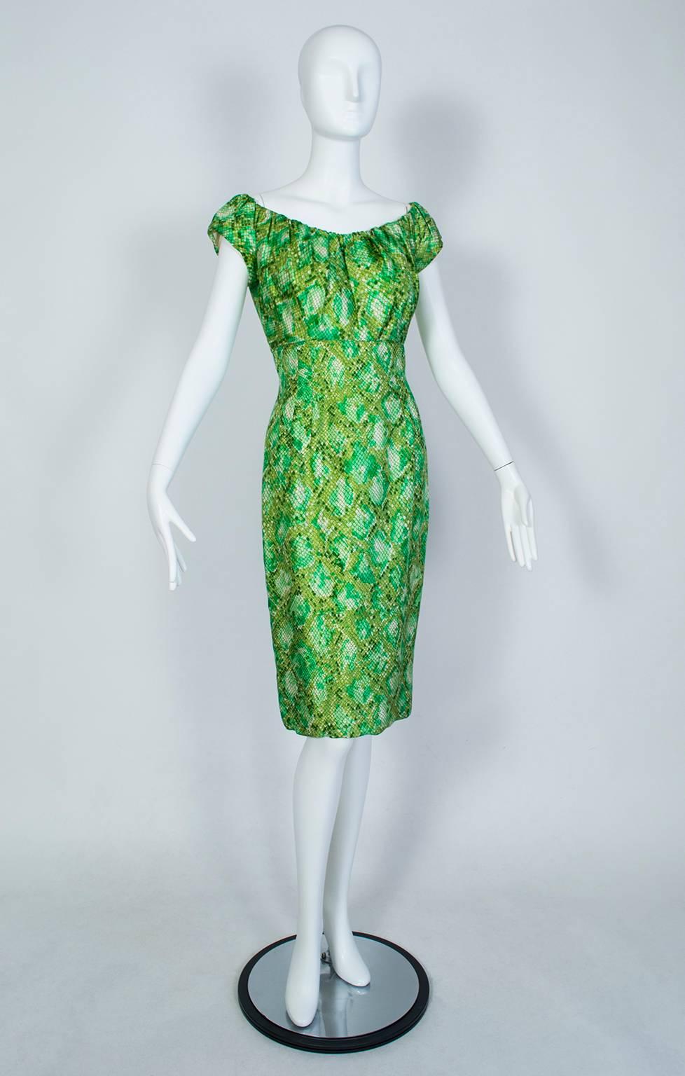 Green Mr Blackwell Off-Shoulder Snake Print Cocktail Dress and Wrap, 1960s
