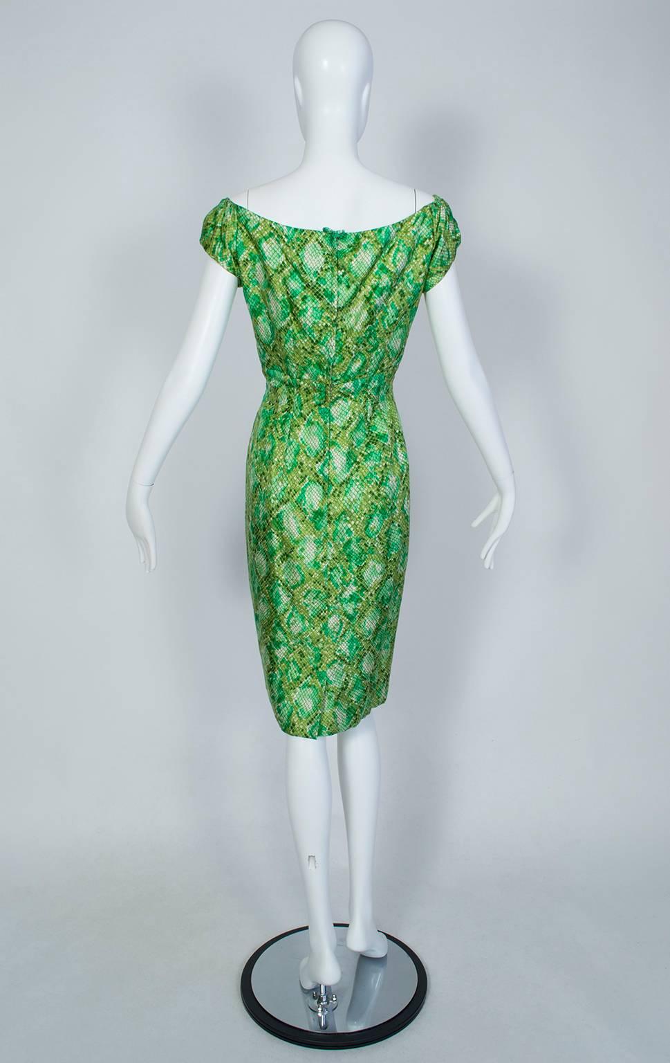 Women's Mr Blackwell Off-Shoulder Snake Print Cocktail Dress and Wrap, 1960s