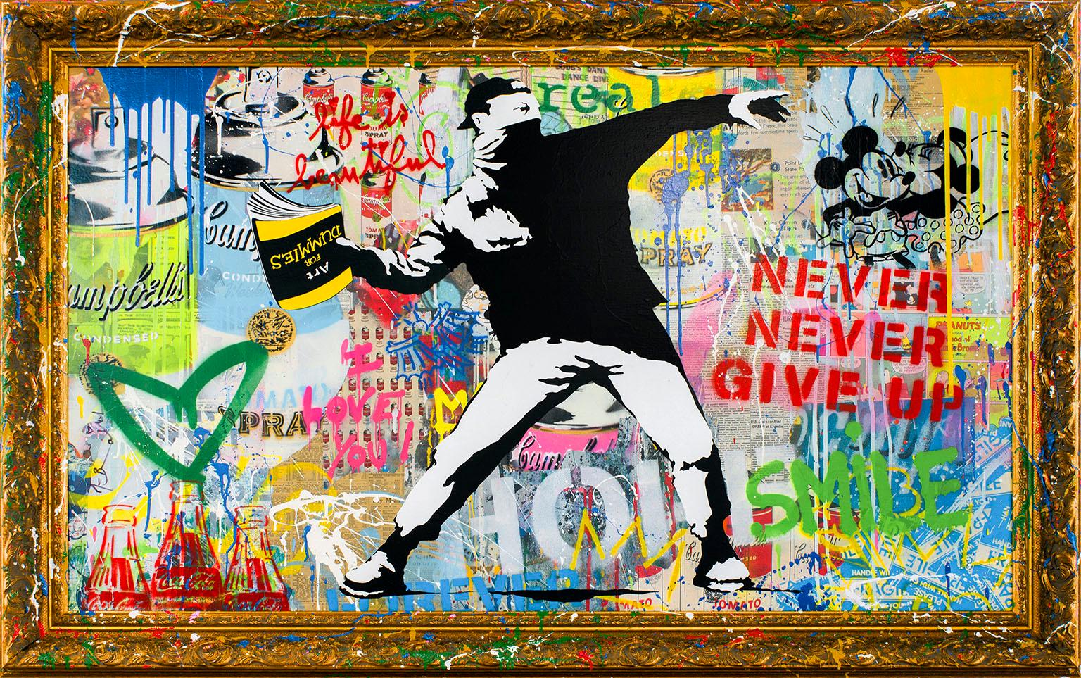 "Banksy Thrower" framed silkscreen and mixed media artwork by Mr. Brainwash  - Mixed Media Art by Mr Brainwash