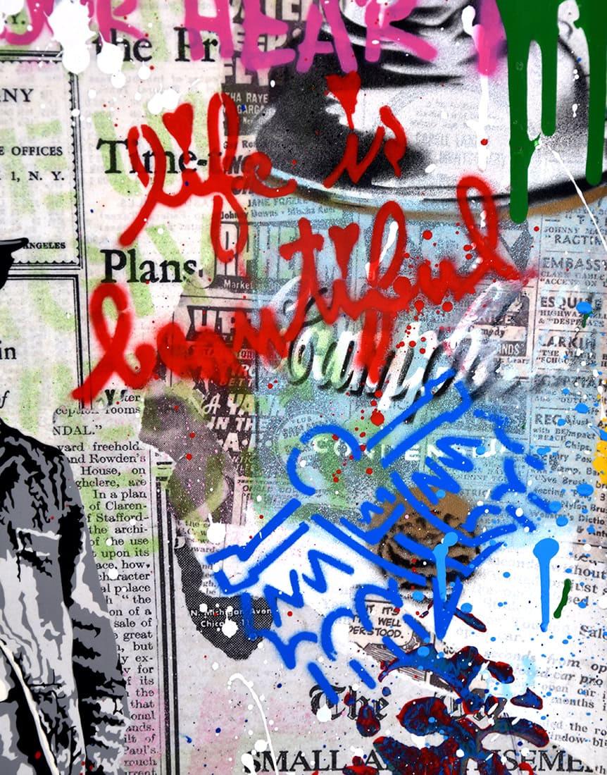 Mr. Brainwash Chaplin, 2023; Executed in the famed style of the famous graffiti artist Banksy, this composition fuses historic pop images with present day icons. Mr. Brainwash, a pseudonym for French artist Thierry Guetta, pairs a revered figure