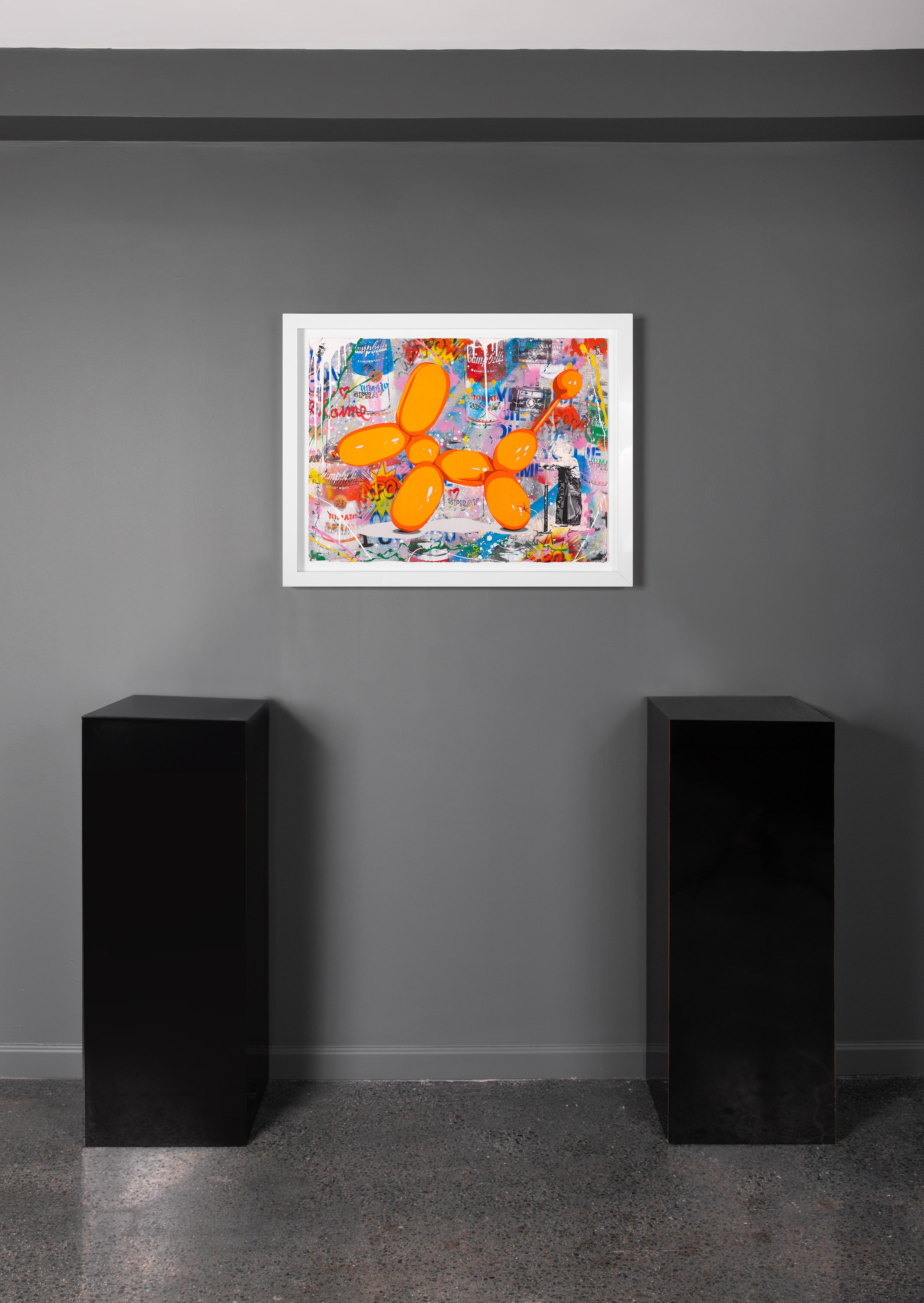 'Balloon Dog' Pop Art Collage Painting, 2020 - Beige Still-Life Painting by Mr Brainwash