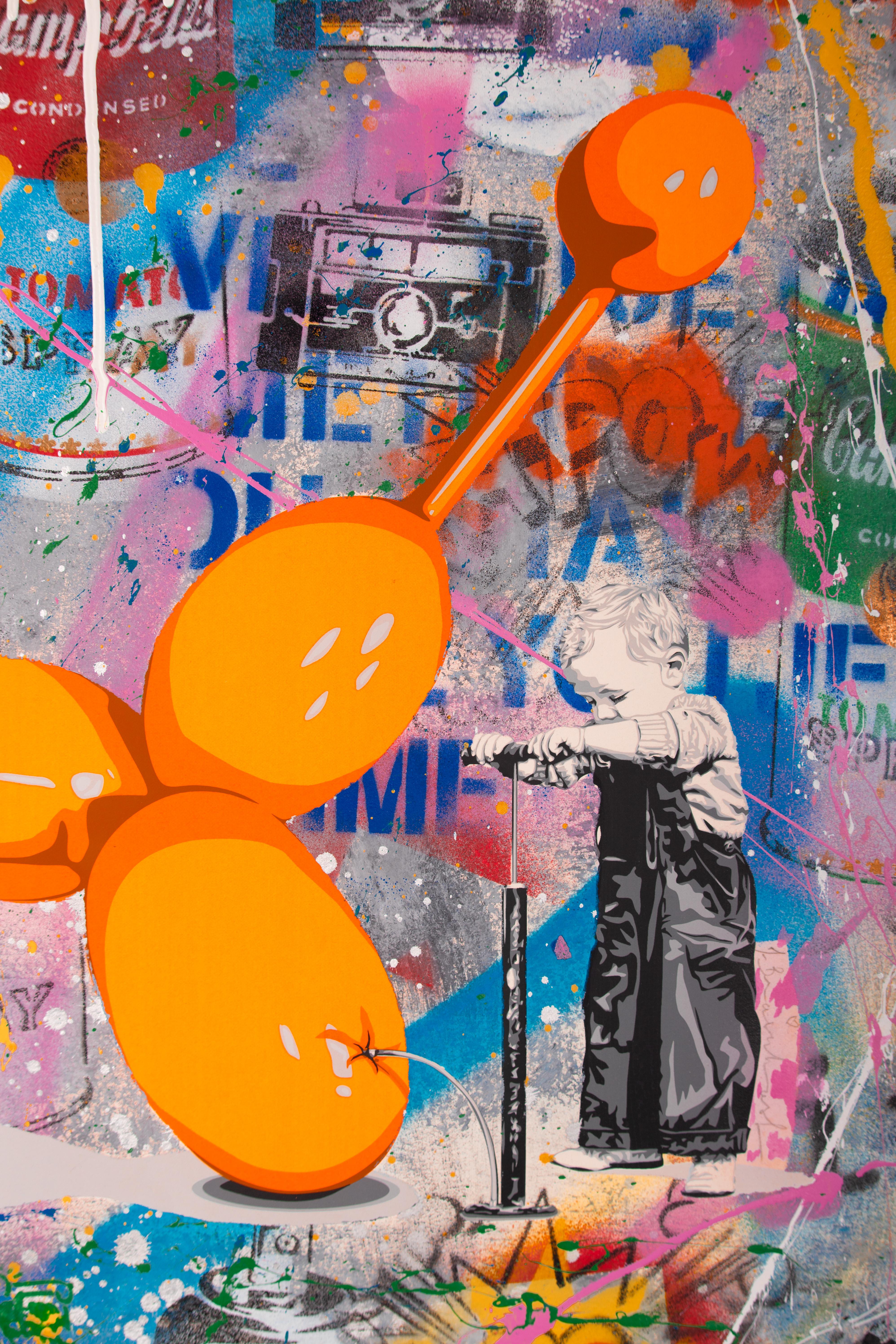 ‘Balloon Dog’, is a unique and recent painting by Mr. Brainwash. In his iconic collage-like process, Mr. Brainwash layers acrylic and spray paint to create energy and intentional chaos on the canvas. Famous quotes, vibrant colors, and miscellaneous