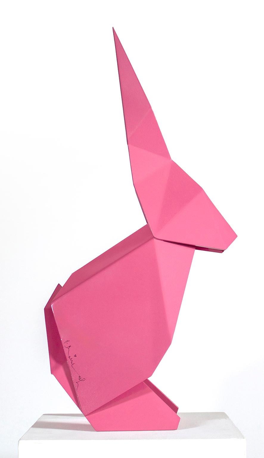 32" high, origami-style "Imagiro Bunny, Pink" small painted stainless steel sculpture by artist Mr. Brainwash. Signed Mr. Brainwash on left side. Edition 2 of 8. 