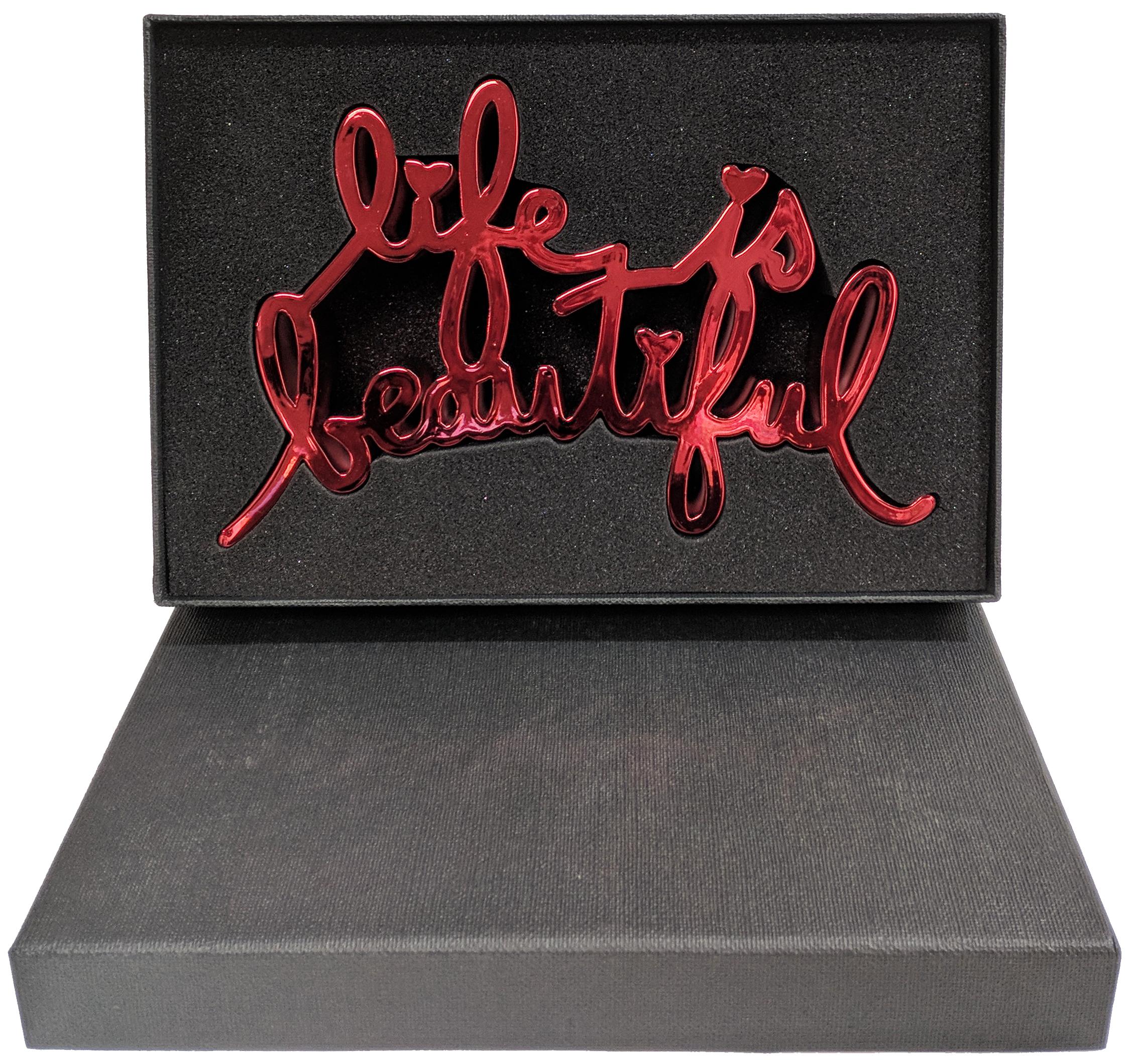 LIFE IS BEAUTIFUL (HARD CANDY RED) - Black Abstract Sculpture by Mr Brainwash
