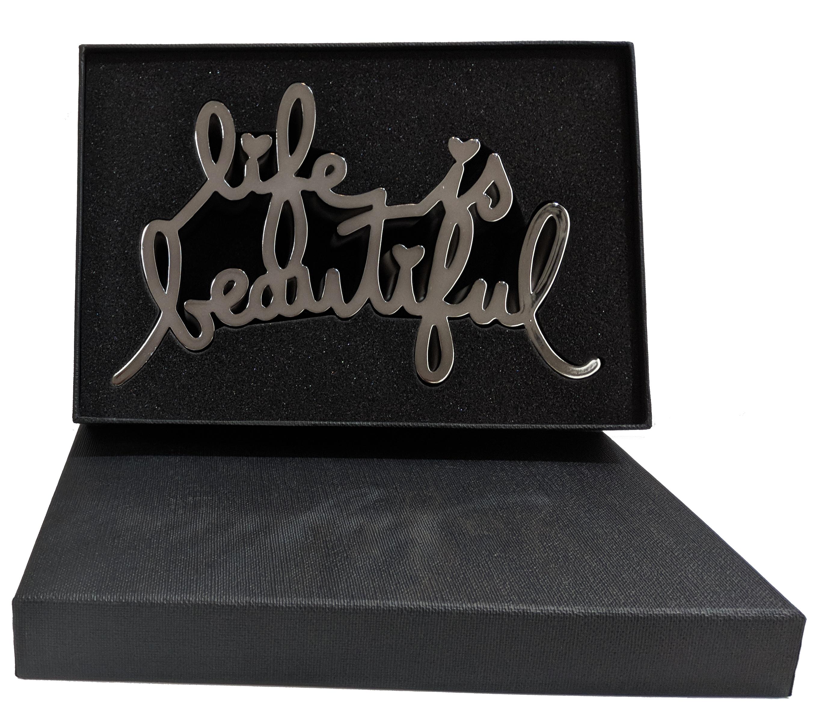 LIFE IS BEAUTIFUL (HARD CANDY SILVER) - Black Abstract Sculpture by Mr Brainwash