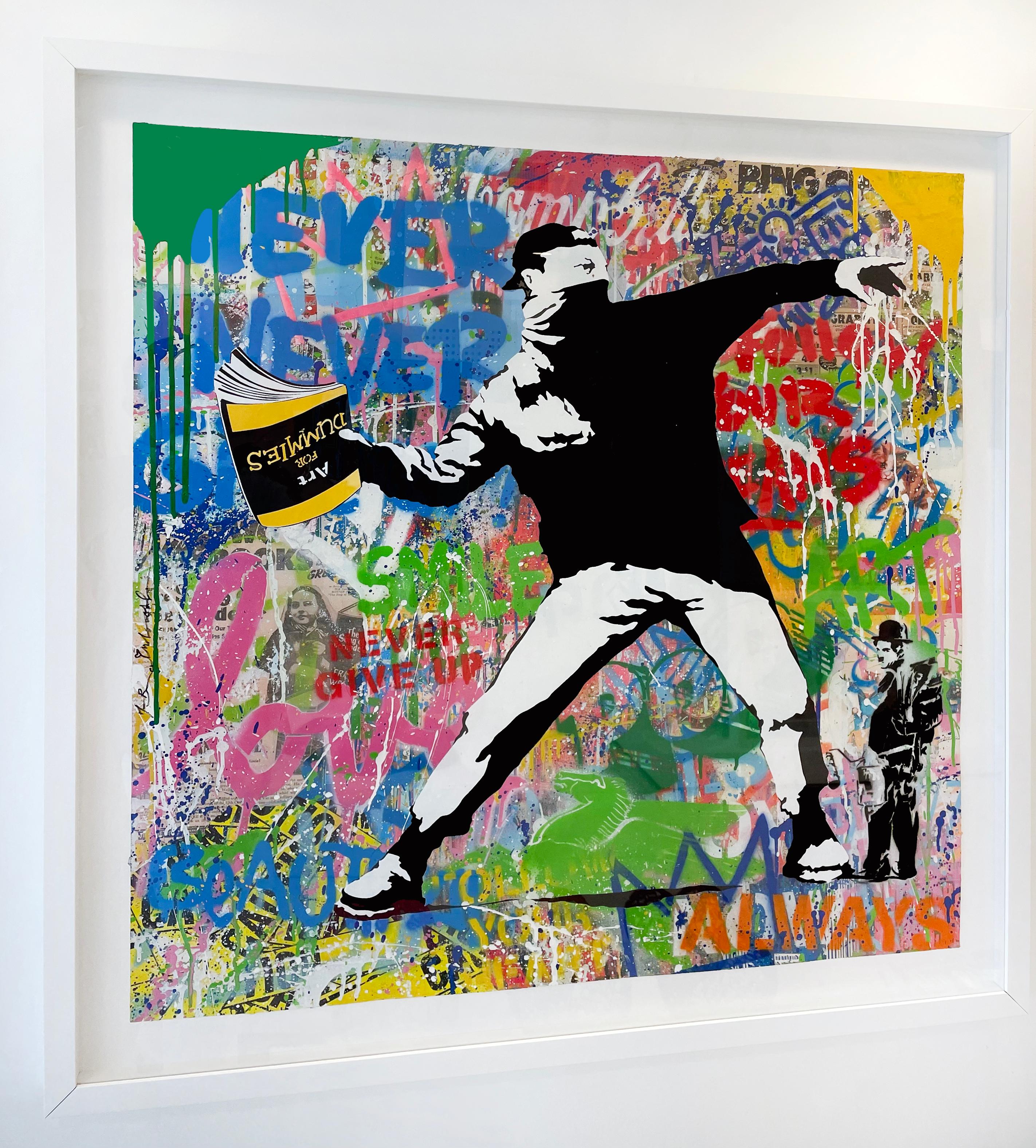Artist:  Brainwash, Mr.
Title:  Banksy Thrower
Series:  Bansky Thrower
Date:  2022
Medium:  Silkscreen and Mixed Media on Paper
Unframed Dimensions:  36