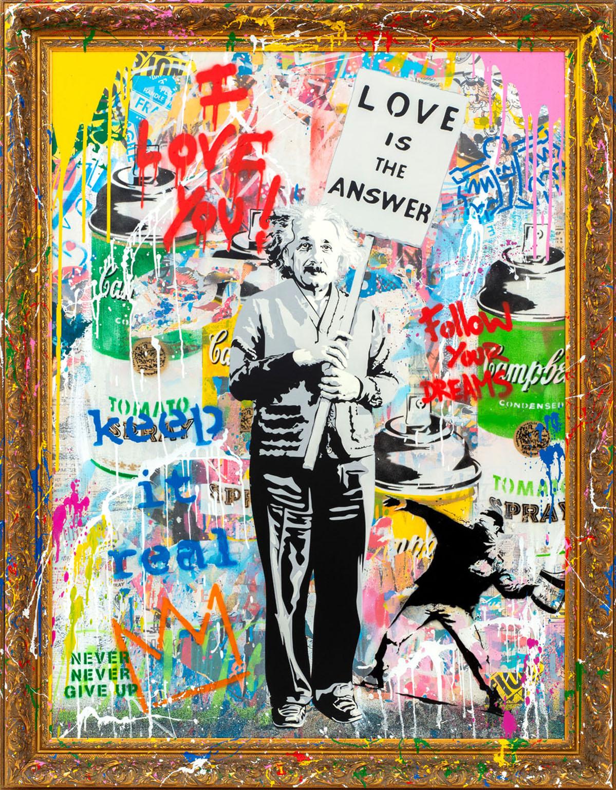 Direct from the artist's studio. 62"Einstein" silkscreen and mixed media on canvas in paint-splashed frame by artist Mr. Brainwash. Signed Mr. Brainwash on front lower left. Dated 2022, signed Mr. Brainwash, fingerprinted and numbered No. A14275772A