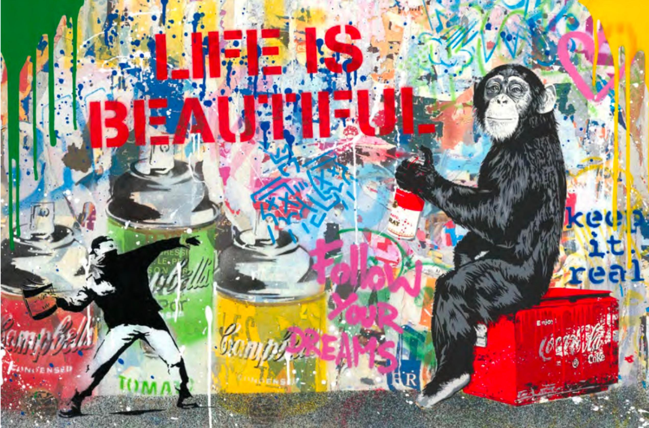 “Everyday Life” (2023) by Mr. Brainwash is an energetic fusion of silkscreen and mixed media on paper, measuring 61 x 92 cm (24 x 36 in). This one-of-a-kind original combines the artist’s signature positivity with eye-catching references to pop