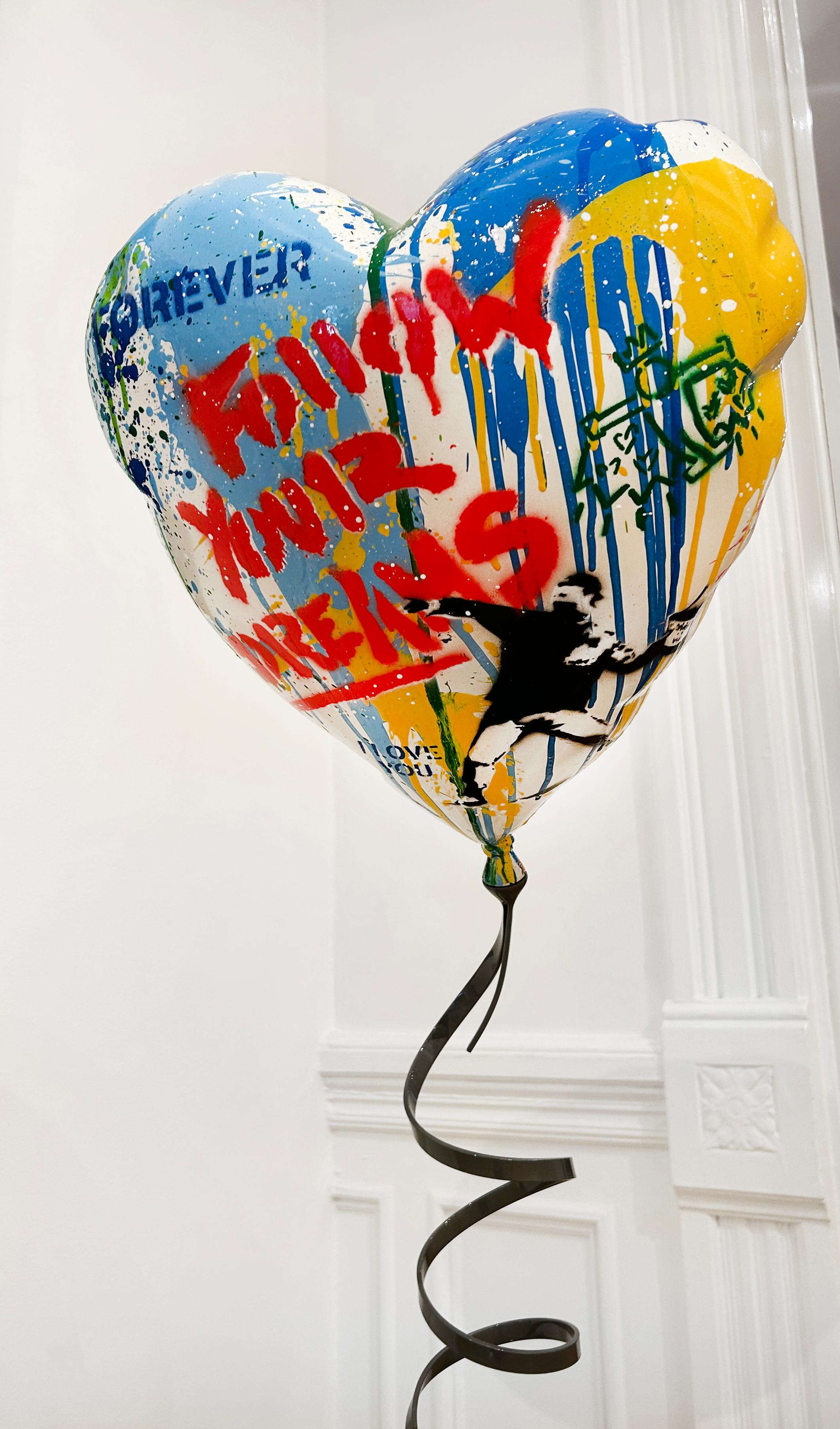 Artist:  Brainwash, Mr.
Title:  Flying Balloon Heart
Date:  2023
Medium:  Fiberglass Sculpture and steel base
Unframed Dimensions:  36.5