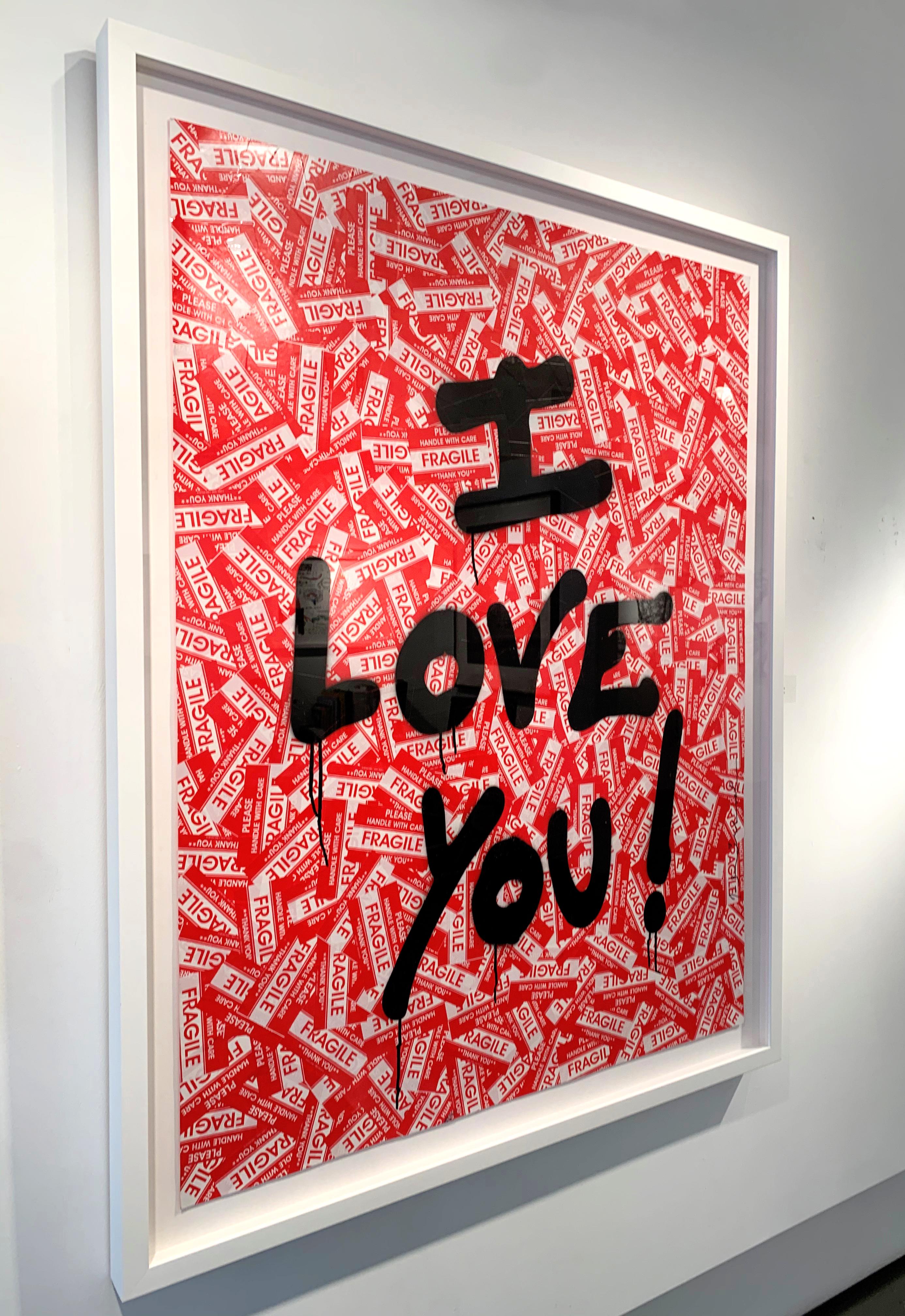 Artiste : Brainwash:: M. 
Titre : I Love You (Je vous aime) 
Date : 2019 
Peinture à l'aérographe et autocollants sur papier 
Non encadré Dimensions : 127 x 97 cm 
Dimensions encadrées : 142 cm x 112 cm 
Signature : Signé par l'artiste au verso