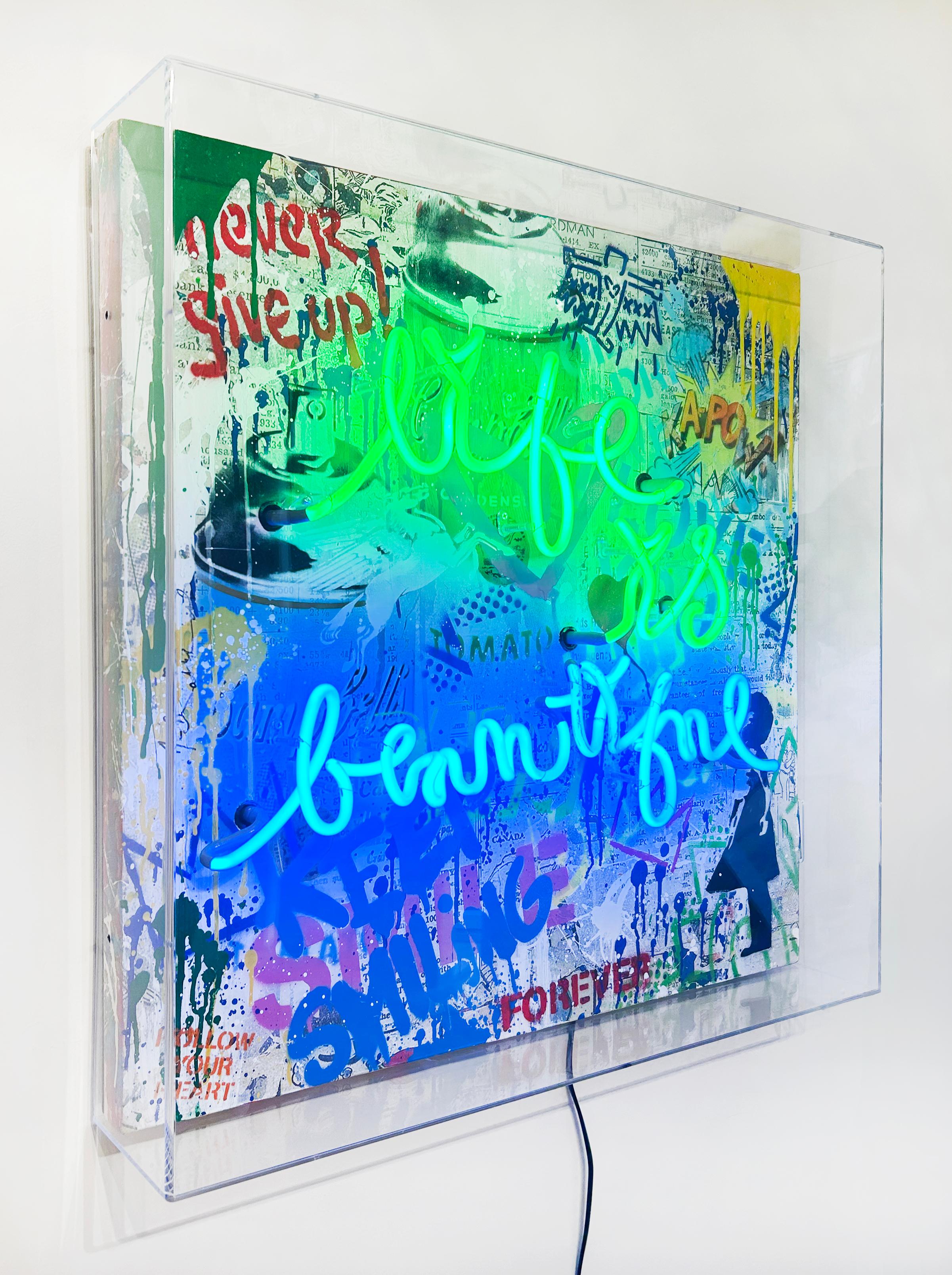 Artiste :  Lavage de cerveau, M.
Titre :  La vie est belle
Date :  2023
Moyen :  Néon, pochoir, technique mixte sur toile dans une boîte en plexi
Sans cadre Dimensions :  30