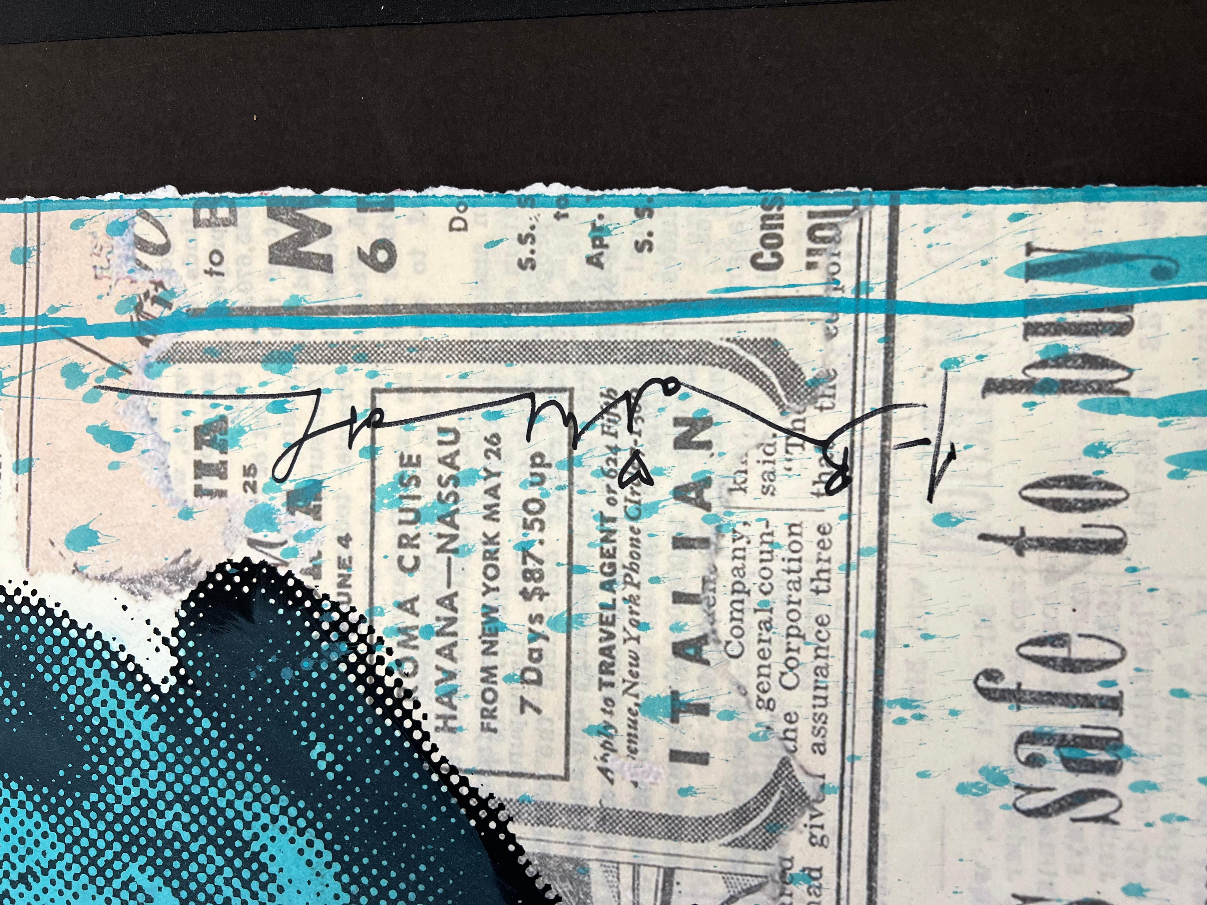 Sérigraphie unique en couleurs avec coloriage à la main sur papier vélin, signée à l'encre noire au recto, signée au crayon au verso et numérotée 1/1, avec l'empreinte digitale de l'artiste et la date, publiée par l'artiste, la feuille