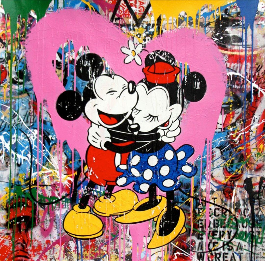 Mickey & Minnie (pink heart) - Mixed Media Art by Mr. Brainwash