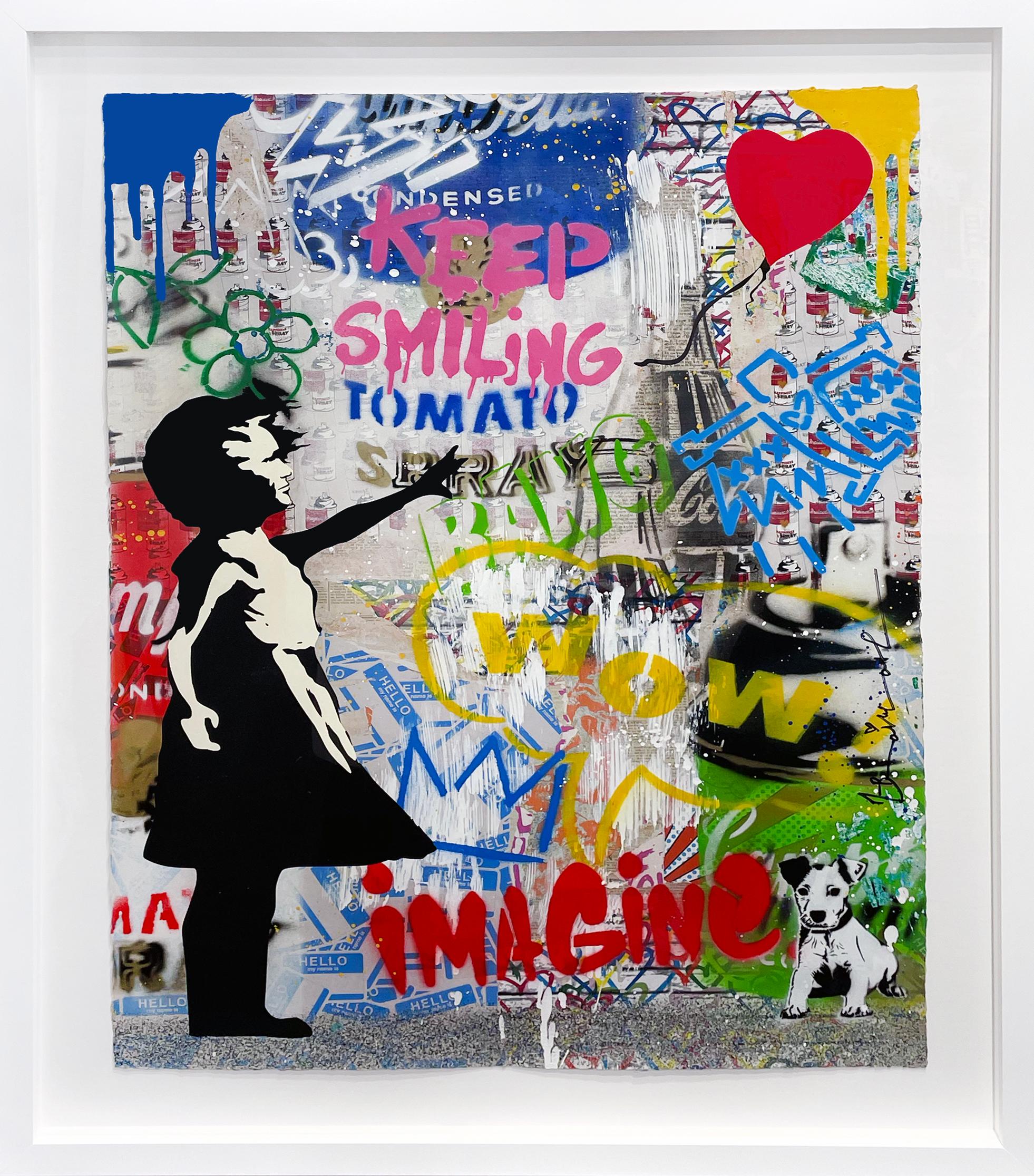 Title:  Balloon Girl
Date:  2025
Medium:  Silkscreen and Mixed Media on Paper
Unframed Dimensions:  30" x 22"
Framed Dimensions:  36" x 28"
Signature:  Signed
Edition:  Unique

A provocative figure in the world of street art, Mr. Brainwash practices