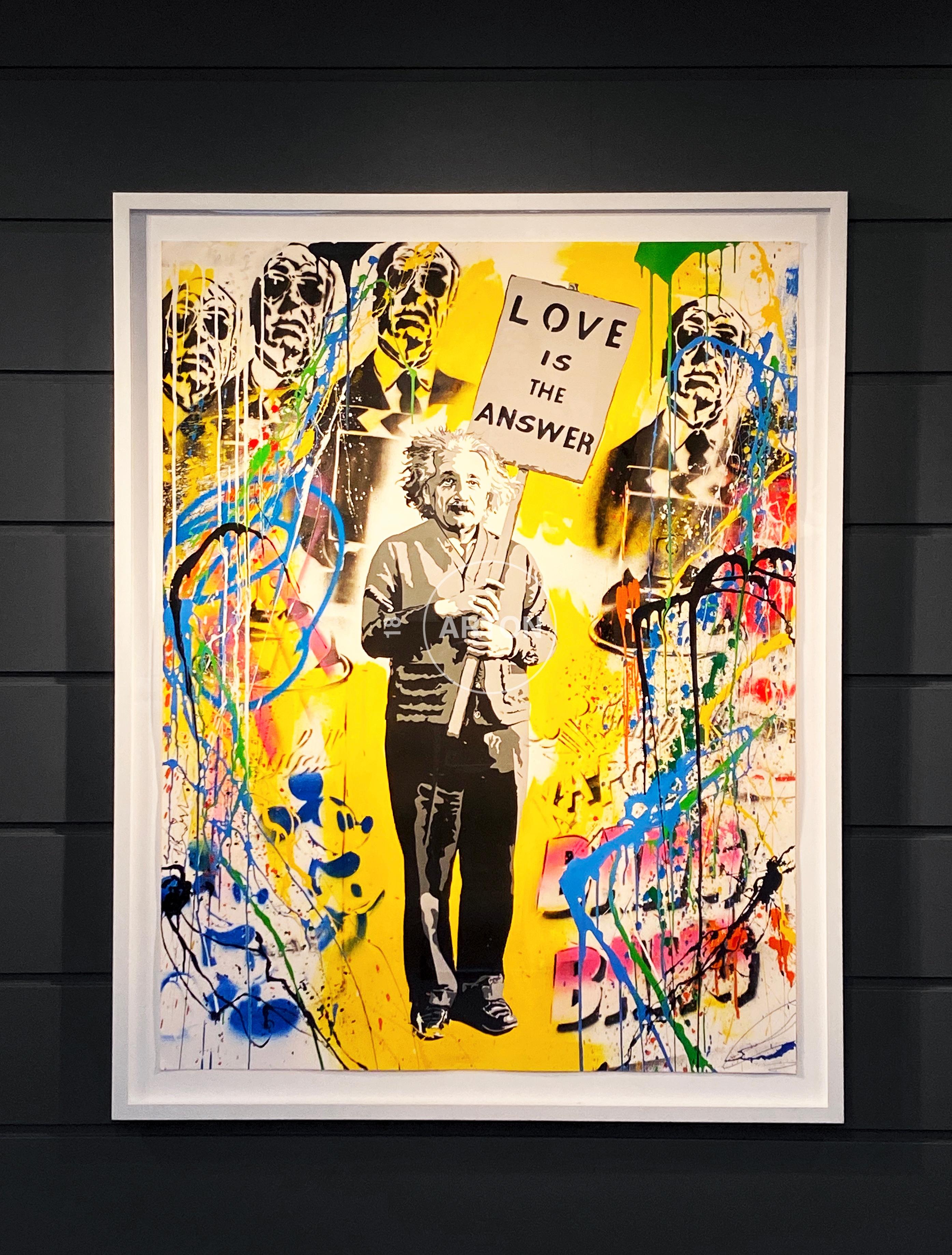 The 'Einstein' by french artist Mr. Brainwash was created in 2015 in the artist's signature style of layering paint, stencil, and a variety of mixed media on paper to create a treat of cultural commentary. This piece is a one-of-a-kind unique, with