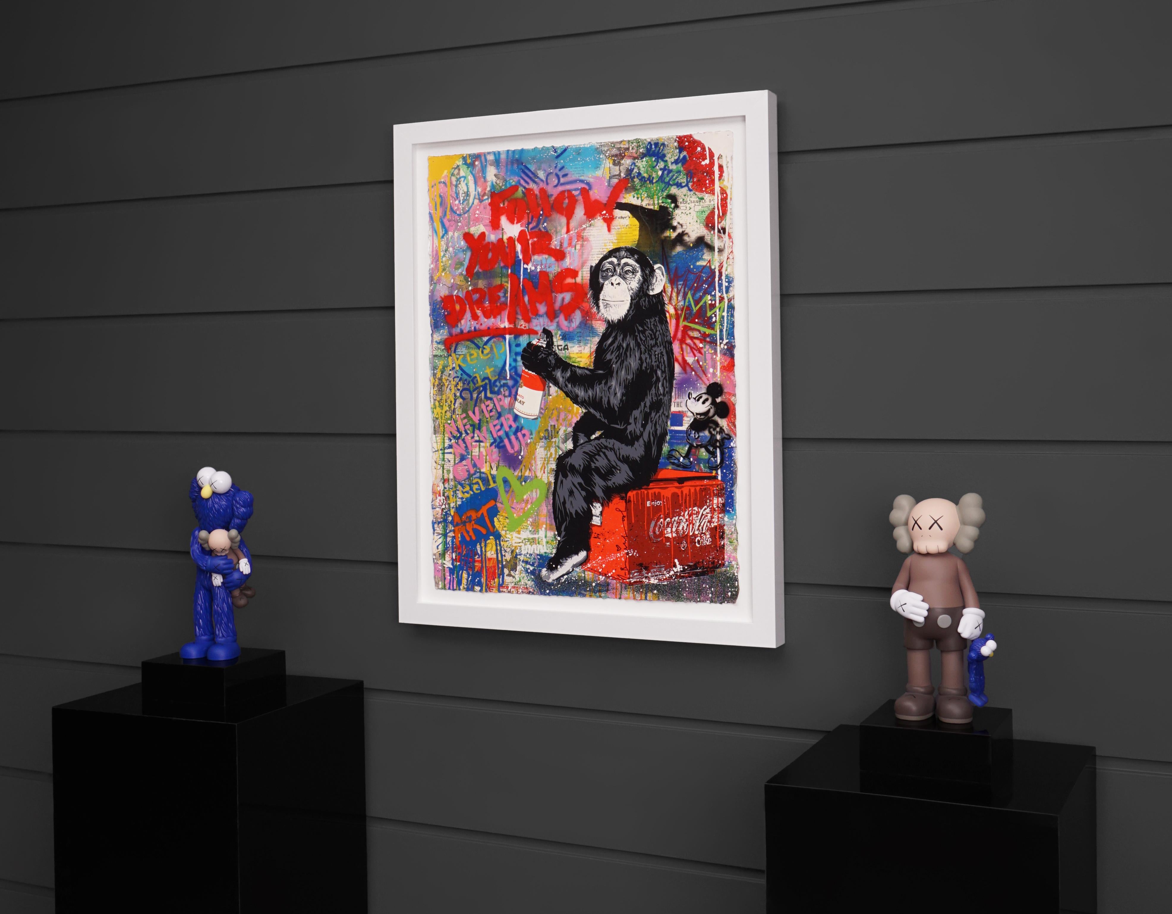 The 'Follow Your Dreams’ is a mixed media painting on paper by Mr. Brainwash. Created in 2020, this specific piece was chosen for it’s incredible depth, color choice and dynamic layered imagery. Mr. Brainwash, known for his street-style contemporary
