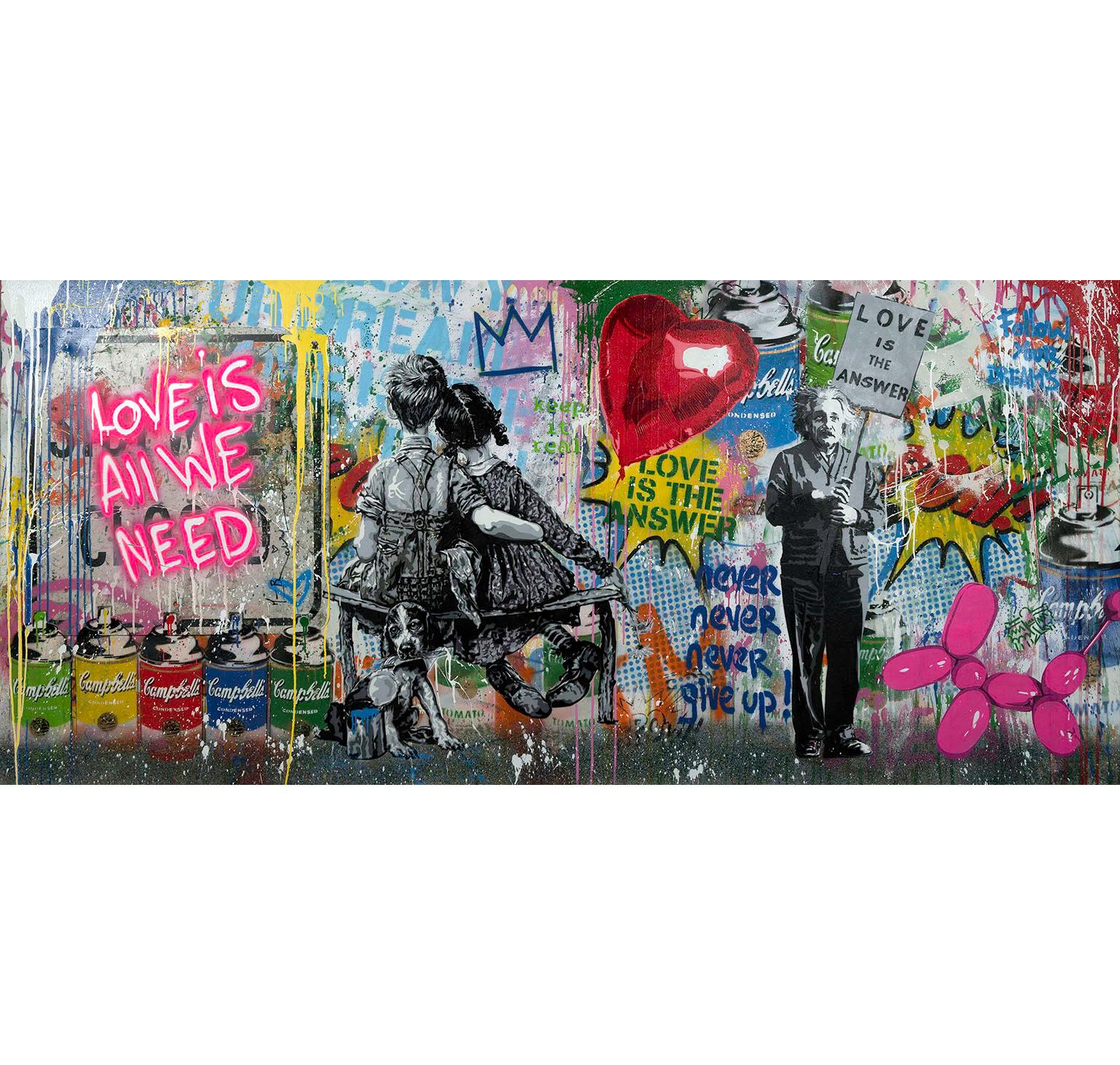 "Pop Wall" plantilla y técnica mixta sobre rótulo de calle y obra de arte en lienzo de Mr. Brainwash. Numerado A42246447A, firmado "Mr Brainwash" y fechado en 2023. Incluye huella dactilar. El texto del anverso incluye "El amor es todo lo que