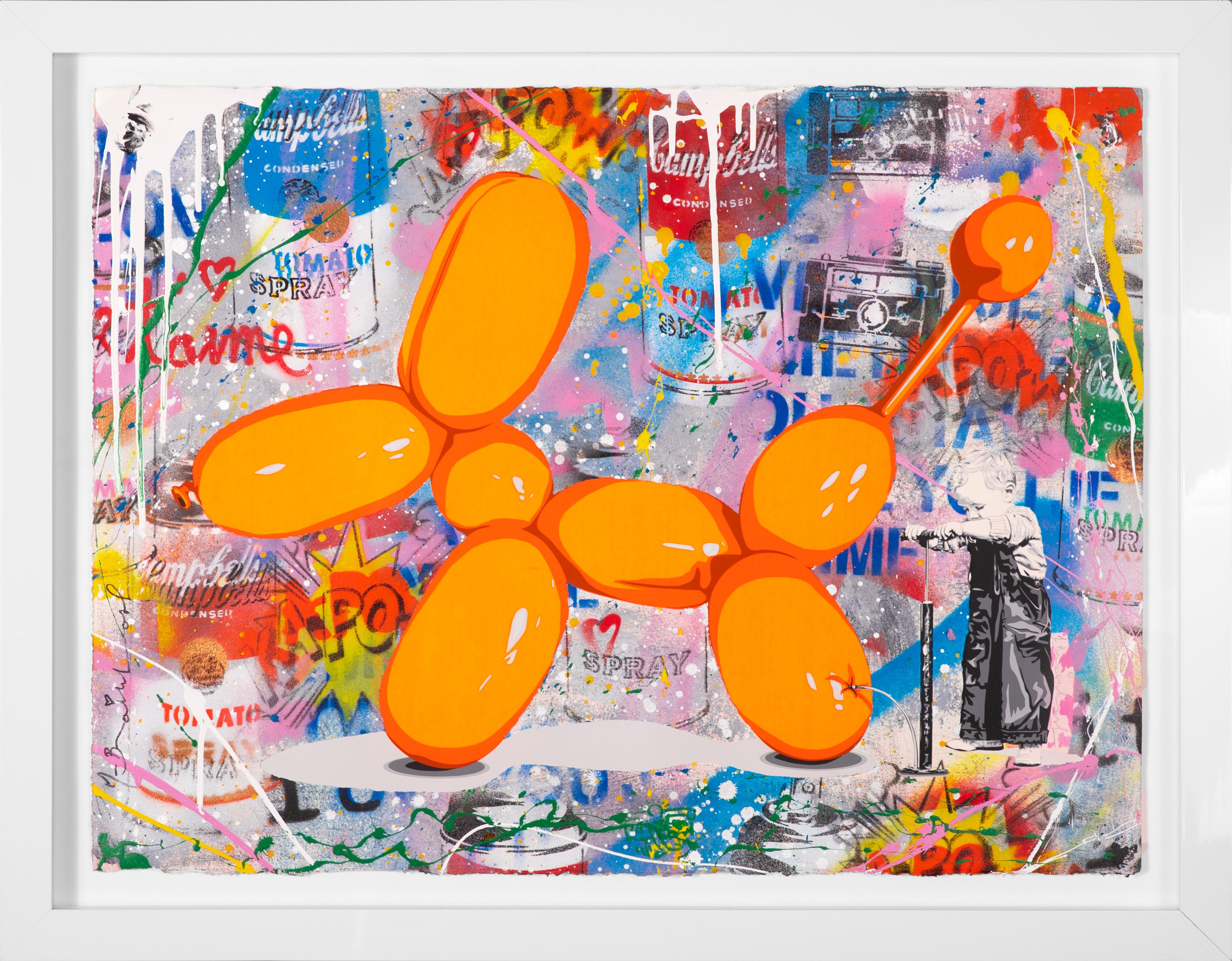 Mr. Brainwash Abstract Painting - 'Balloon Dog' Pop Art Collage Painting, 2020