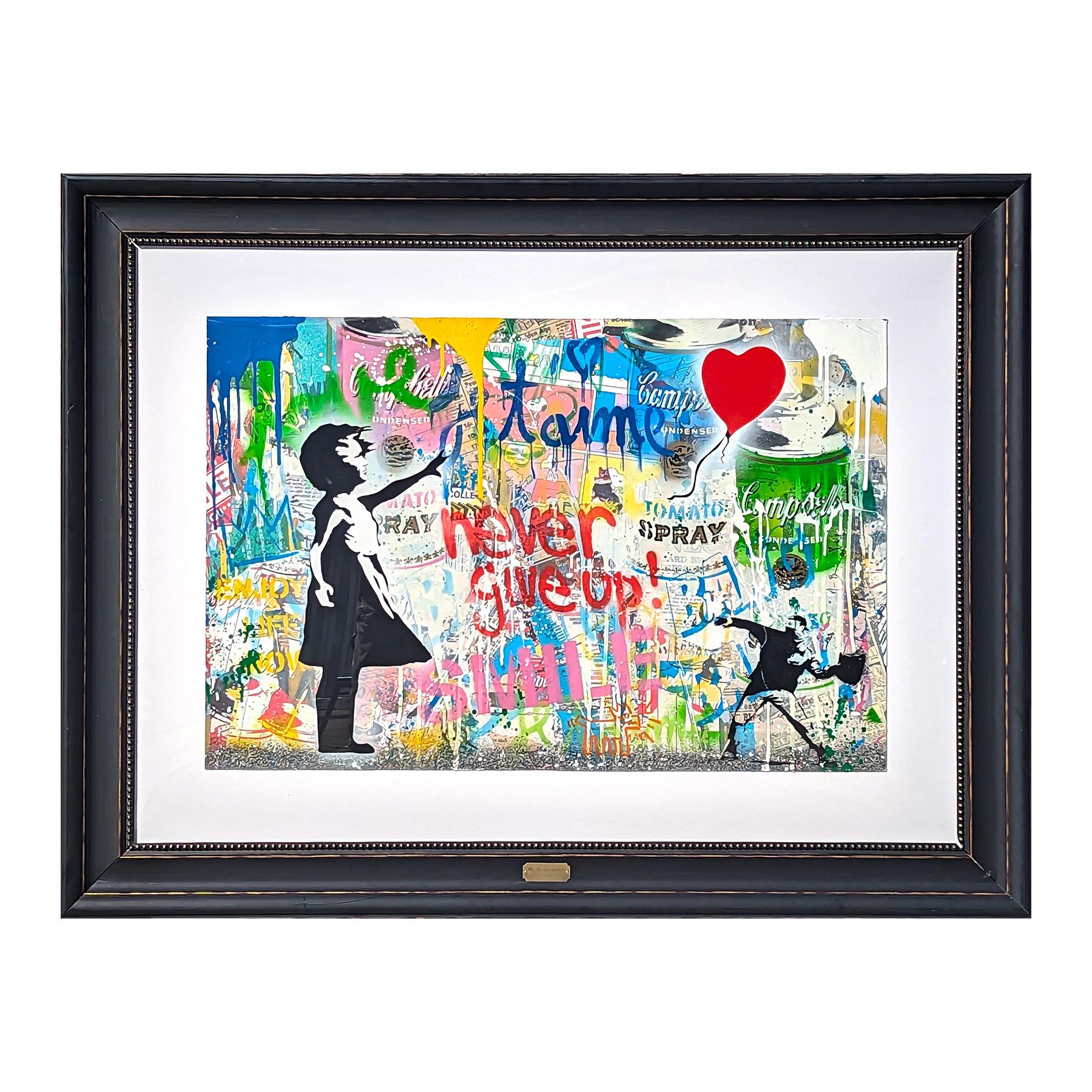 Colorful contemporary pop culture inspired mixed media painting over silkscreen by prominent street art figure Mr. Brainwash. The work features various homages to the artist's mentor. Banksy, including the girl with a balloon and 