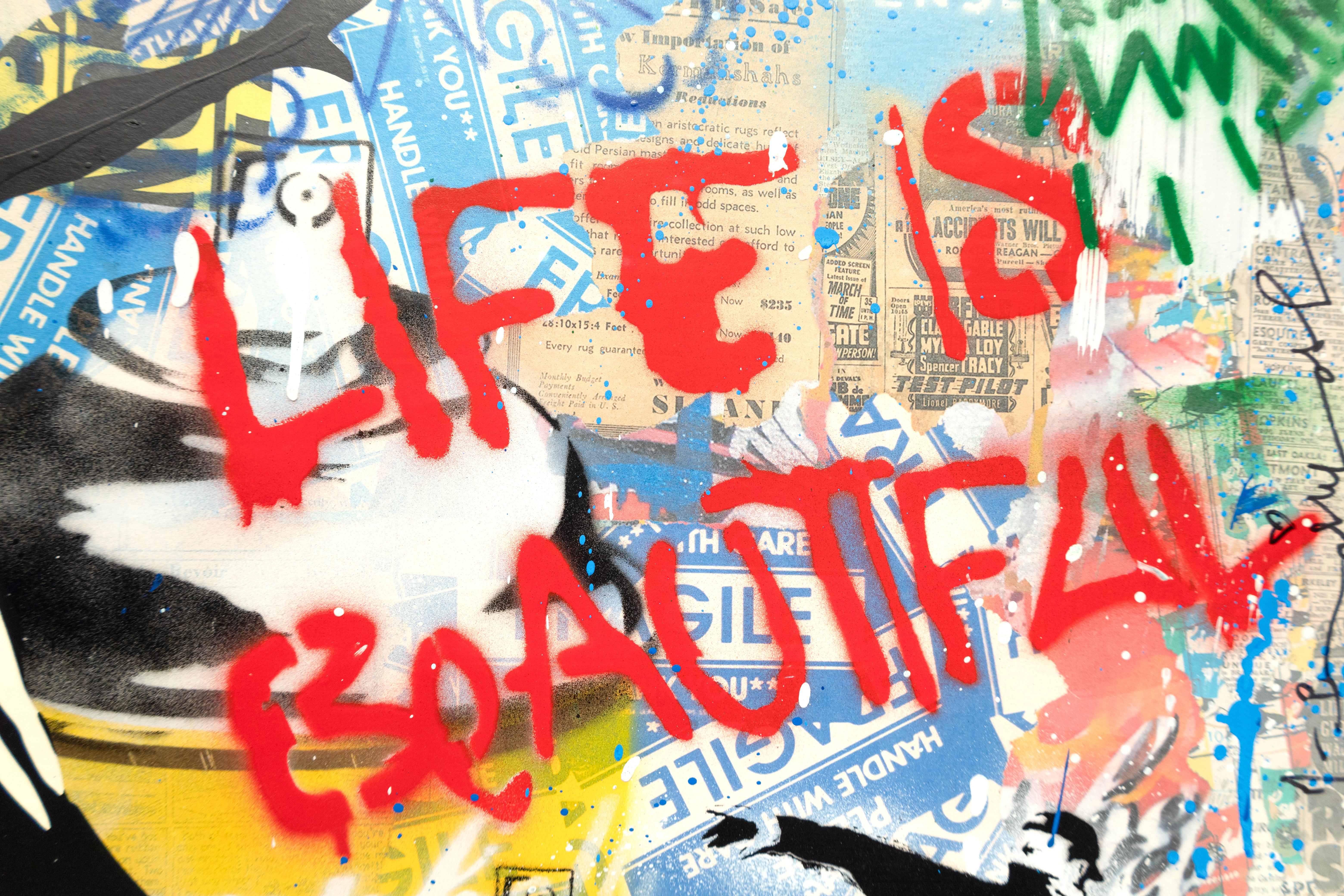 Pittura collage di street art 'Ragazza palloncino - La vita è bella', 2024 - Painting di Mr. Brainwash
