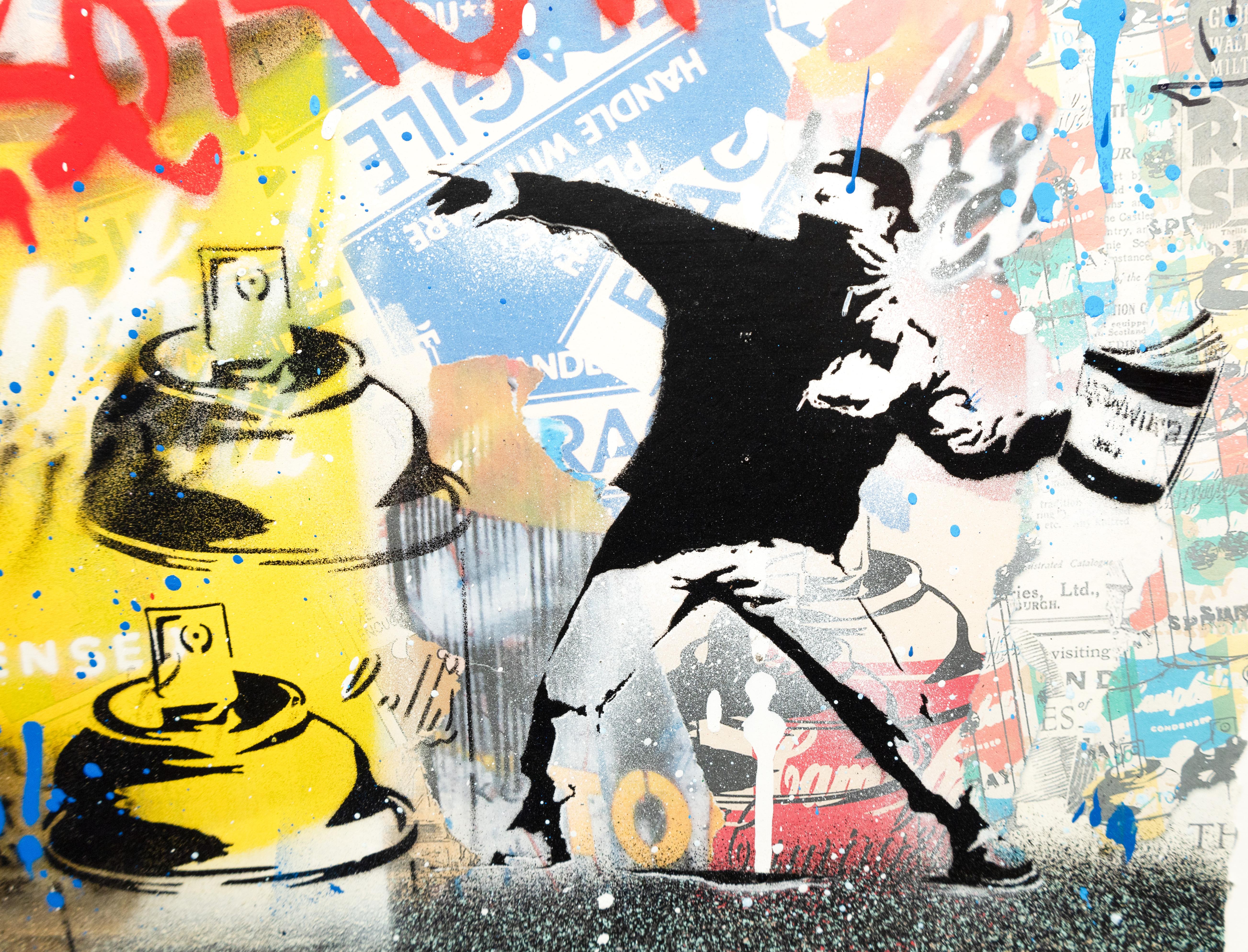 Pittura collage di street art 'Ragazza palloncino - La vita è bella', 2024 - Painting Pop Art di Mr. Brainwash
