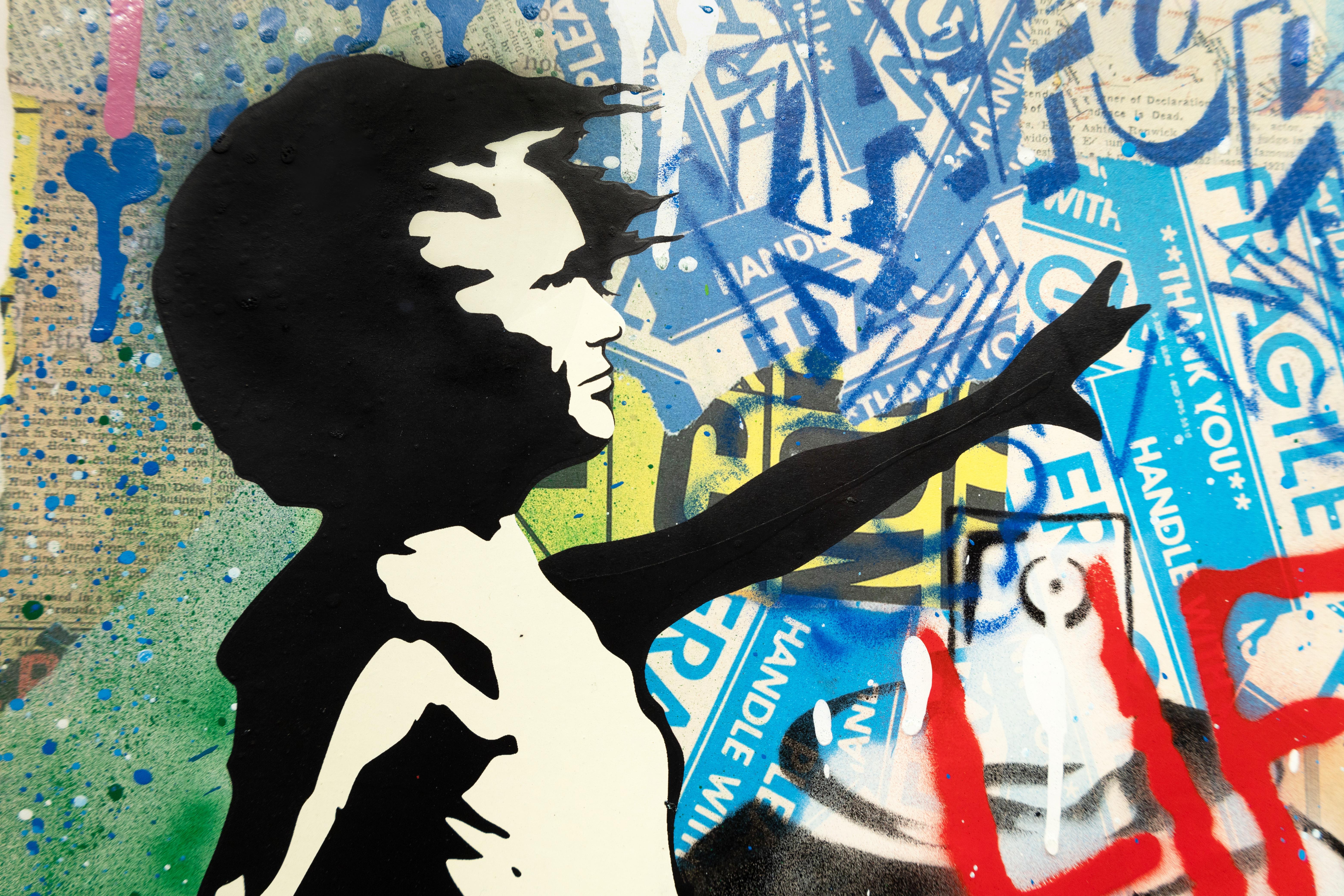 'Balloon Girl - Life is Beautiful' è un dipinto unico e recente di Mr. Brainwash. Nel suo iconico processo simile al collage, Mr. Brainwash stratifica acrilico e vernice spray per creare energia e caos intenzionale sulla tela. Citazioni famose,
