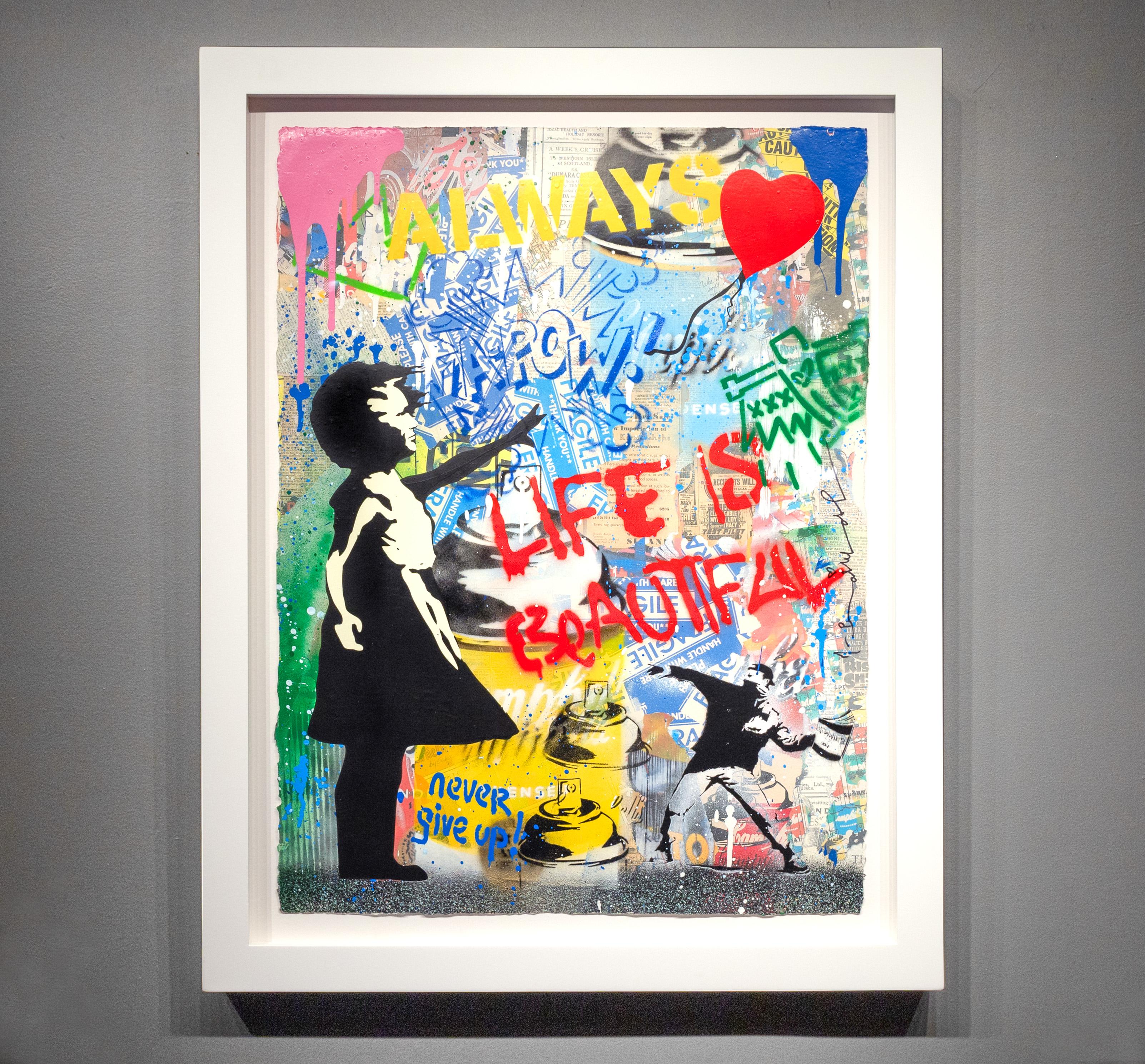 Pittura collage di street art 'Ragazza palloncino - La vita è bella', 2024 1