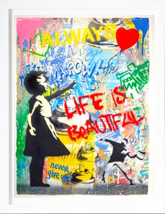 Pittura collage di street art 'Ragazza palloncino - La vita è bella', 2024