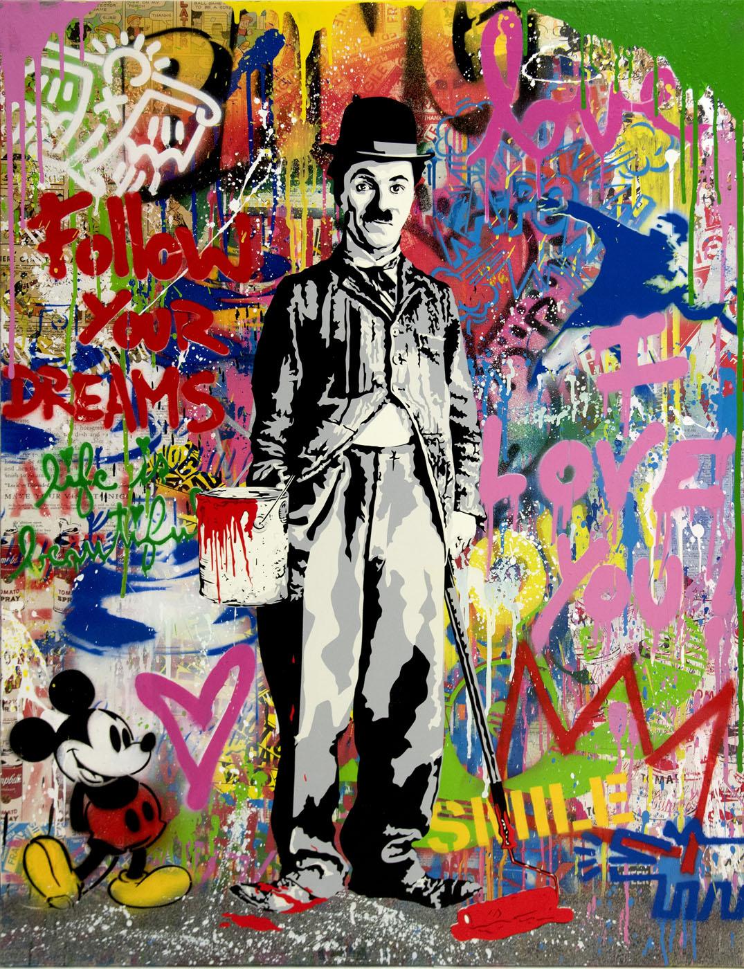 Mr. Brainwash Portrait Painting - Charlie Chaplin Painting with Mickey Mouse & Keith Haring "Follow Your Dreams"