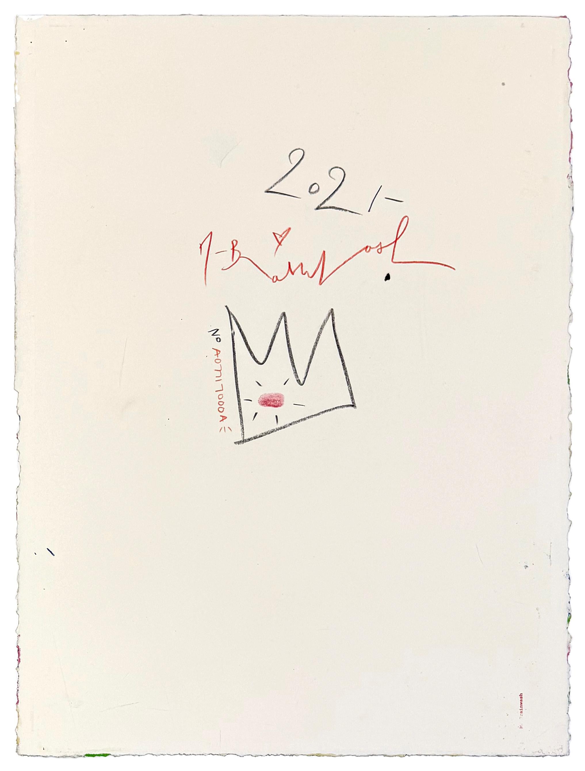 Siebdruck mit Schablone, Acryl- und Sprühfarbe auf Velinpapier.   Vorderseite handsigniert; verso signiert und datiert mit Studio-Katalognummer und Daumenabdruck.  Größe des Kunstwerks: 30 x 22 Zoll.  Rahmengröße: 36,75 x 29,25 Zoll.

Das Kunstwerk