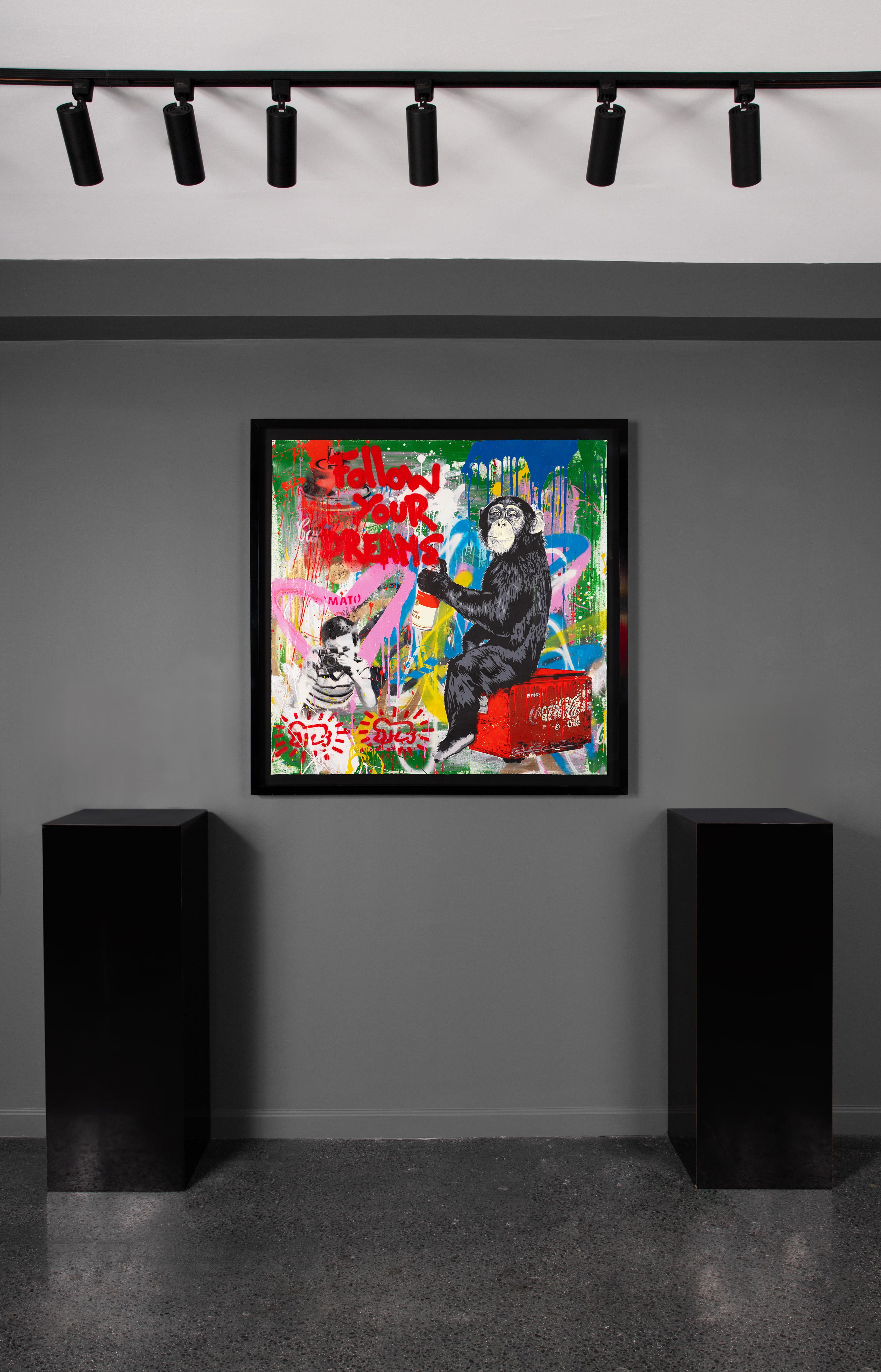 'Follow Your Dreams Monkey' Street Art/Mixed Media Painting, 2020 - Black Animal Painting by Mr. Brainwash