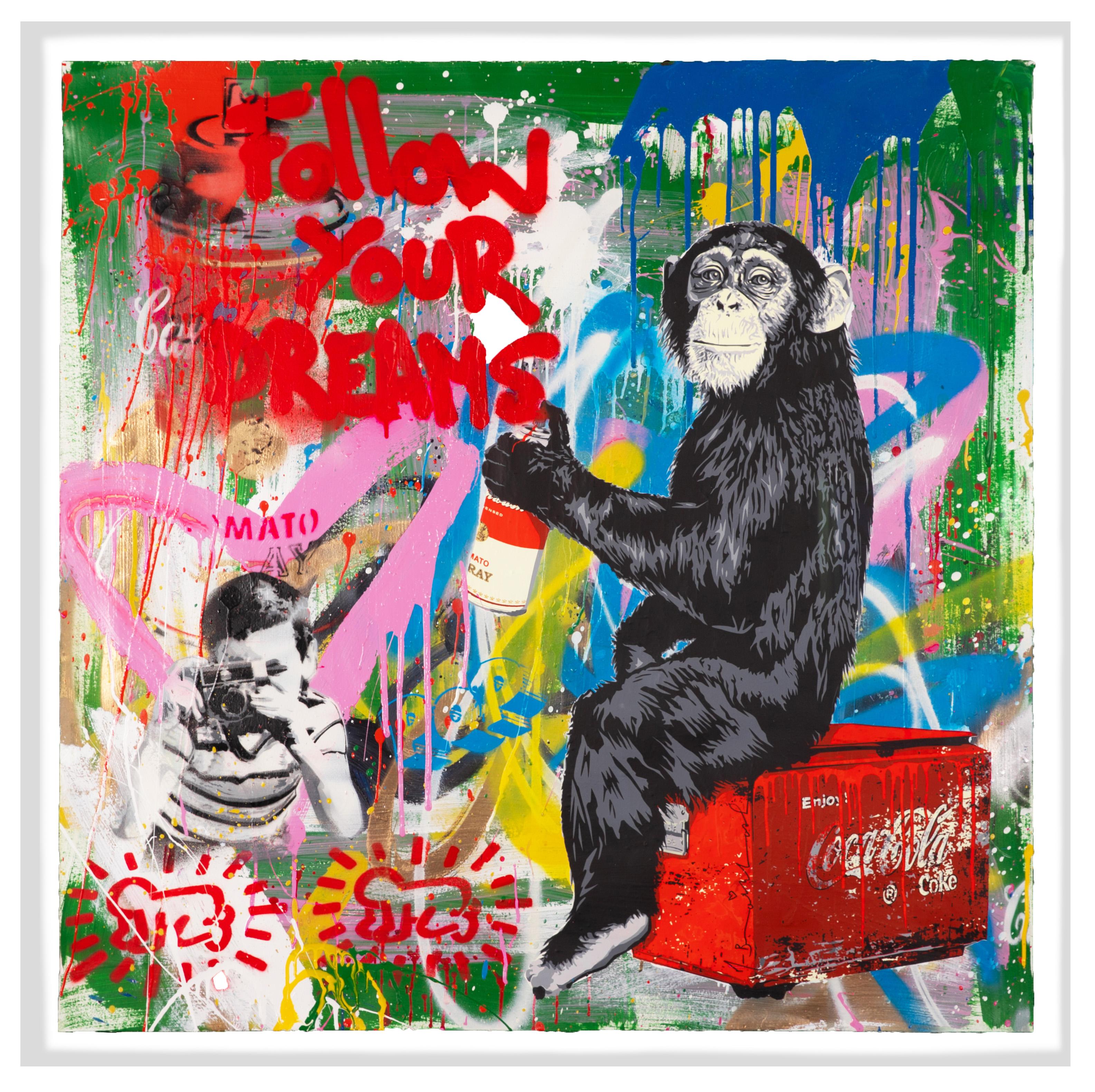 Mr. Brainwash Abstract Painting - 'Follow Your Dreams Monkey' Pop Art Collage Painting, 2020