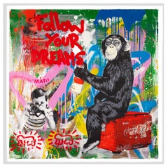 Suivre ses rêves, le singe, peinture de collage pop art, 2020