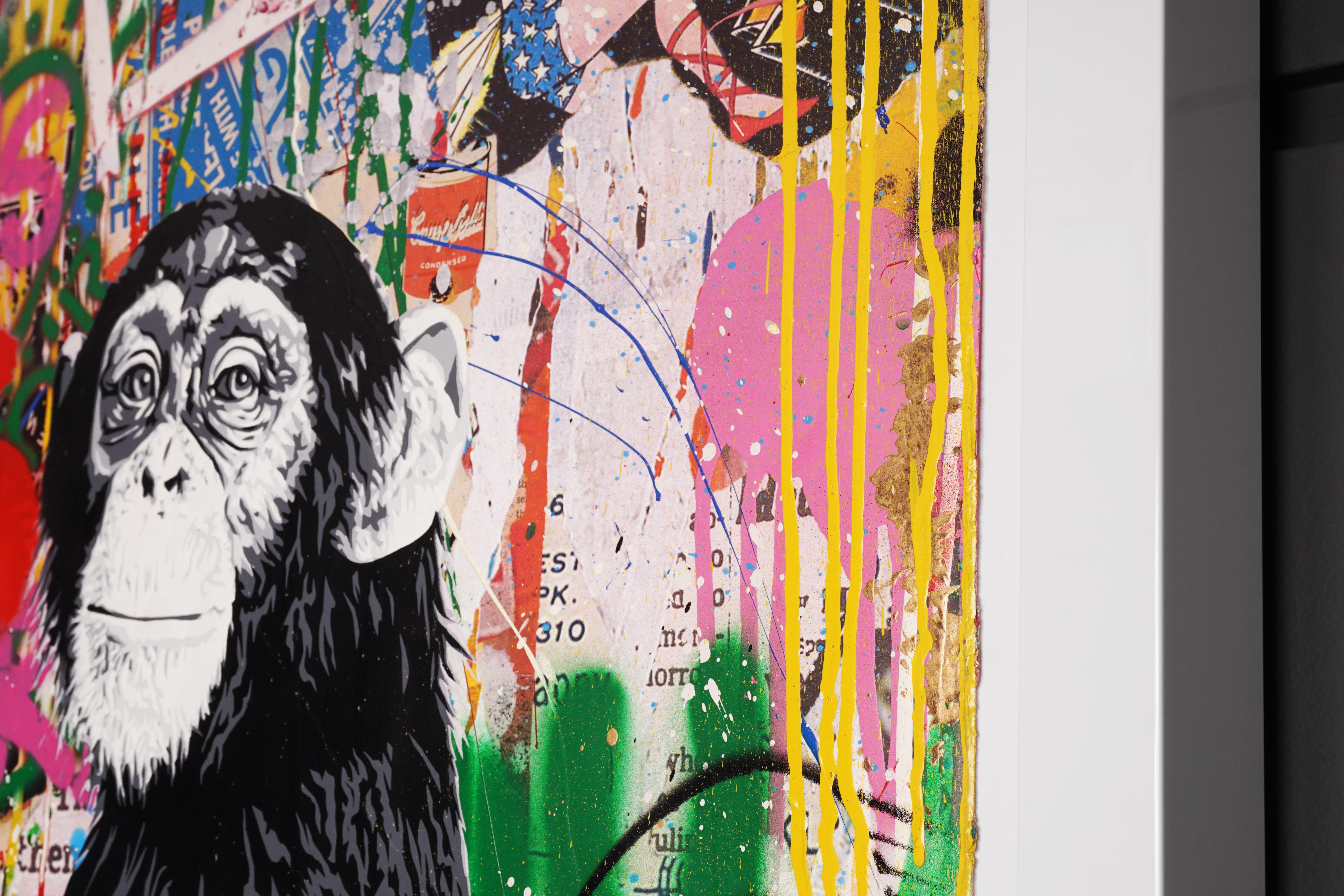 'Follow Your Dreams' Monkey, Unique, Street Pop Art Painting, 2021 - Beige Animal Painting by Mr. Brainwash