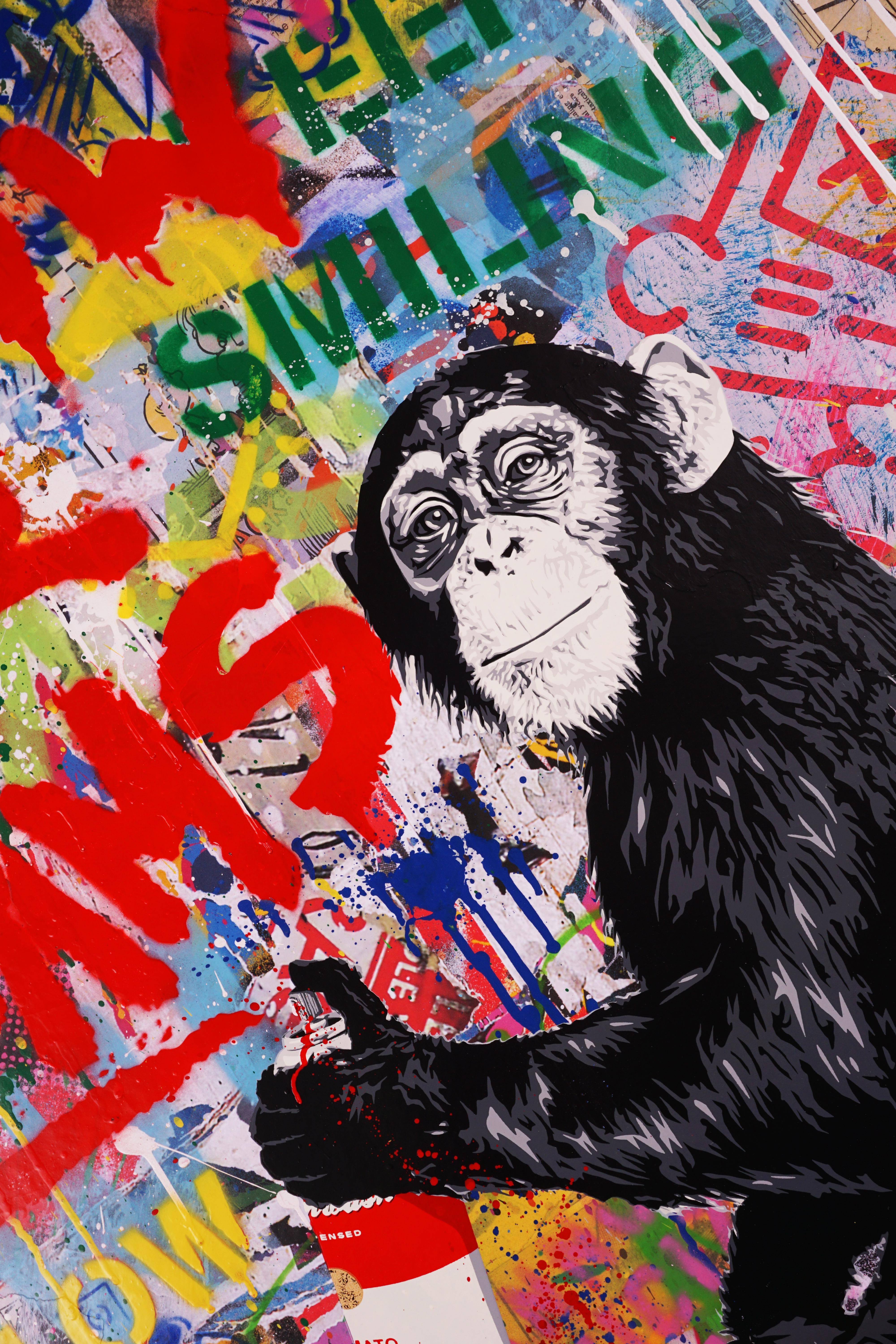 The unique street pop art 'Follow Your Dreams' monkey painting by french contemporary street-artist, Mr. Brainwash was created in 2021. The brightly spray painted, layered, and paint dripped signature style of the contemporary artist has become an