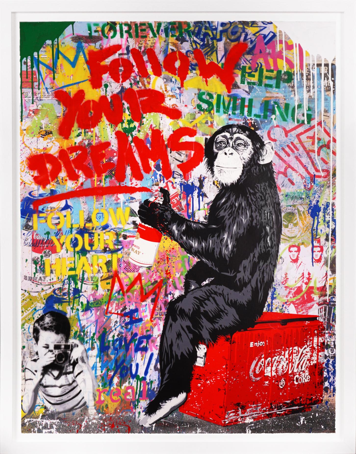 Mr. Brainwash Abstract Painting - 'Follow Your Dreams' Monkey, Unique, Street Pop Art Painting, 2021