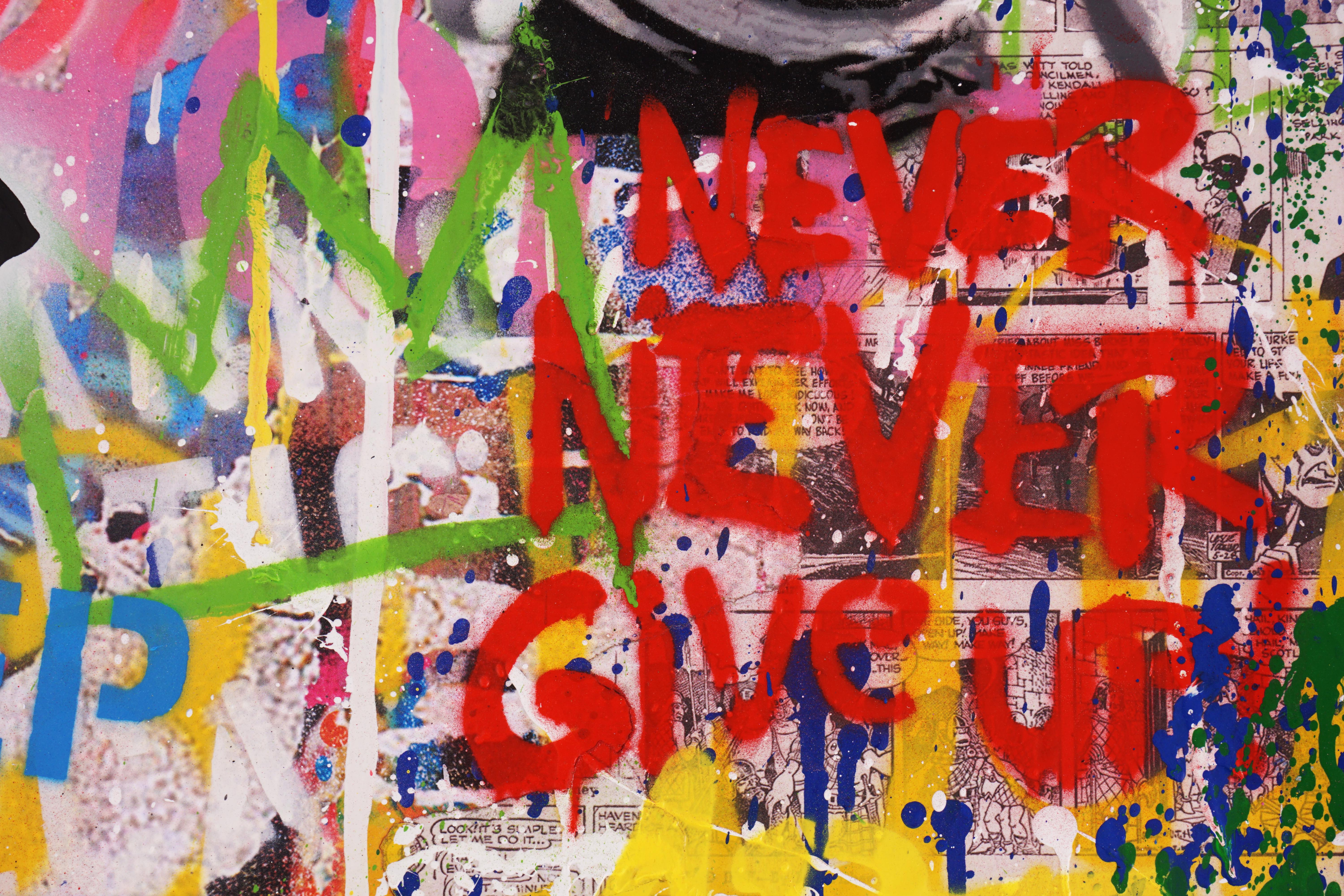 The graffiti street-art meets fine-art 'Balloon Girl' is a pop art masterpiece made with vibrant dripping acrylic paint, layered stencil, and mixed media, created in 2021 by contemporary street pop artist, Mr. Brainwash. The boldly optimistic