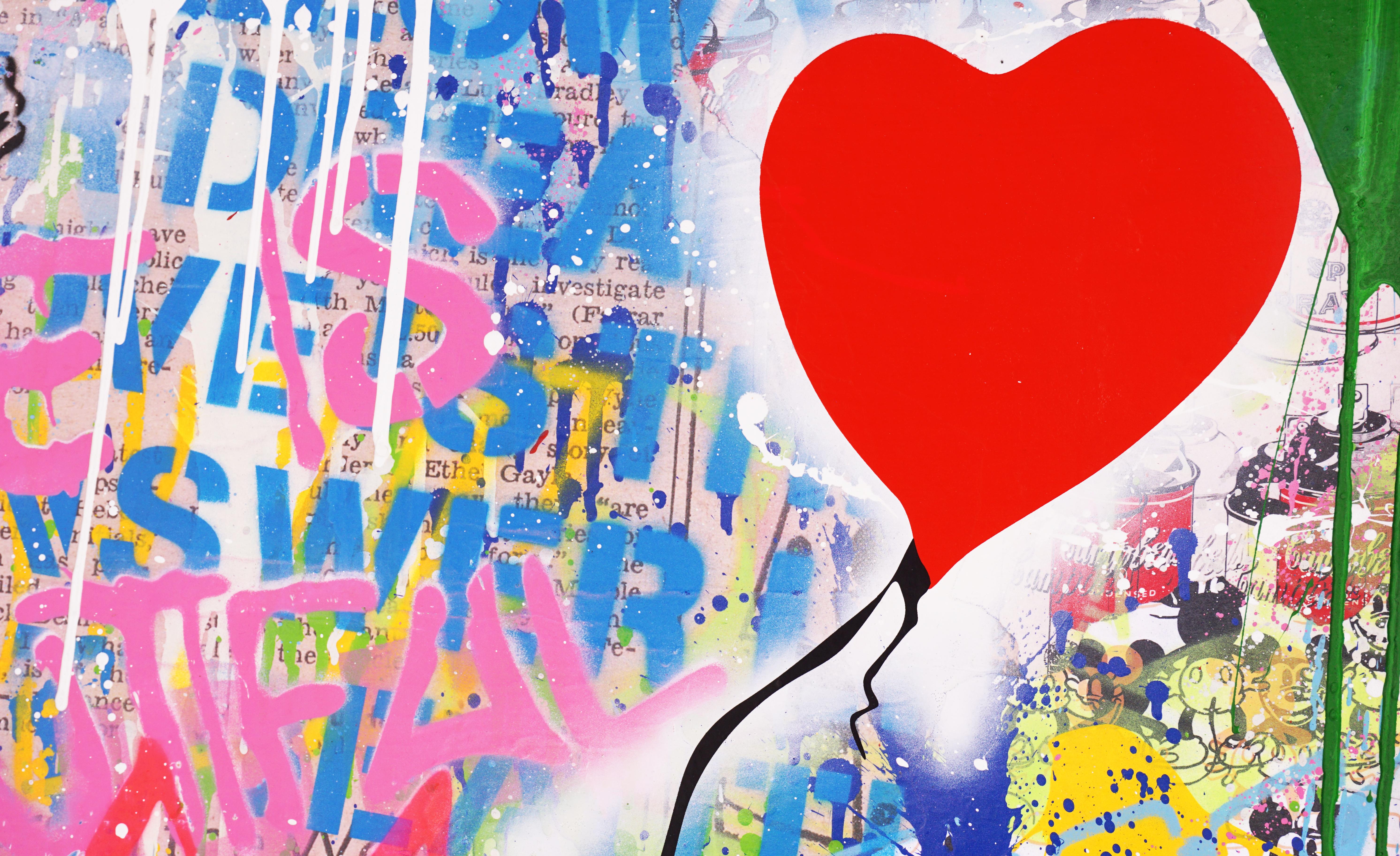 The graffiti street-art meets fine-art 'Balloon Girl' is a pop art painted masterpiece made with layers of acrylic paint, spray painted stencil, and mixed media on paper, created in 2021 by contemporary street-artist, Mr. Brainwash. The bold