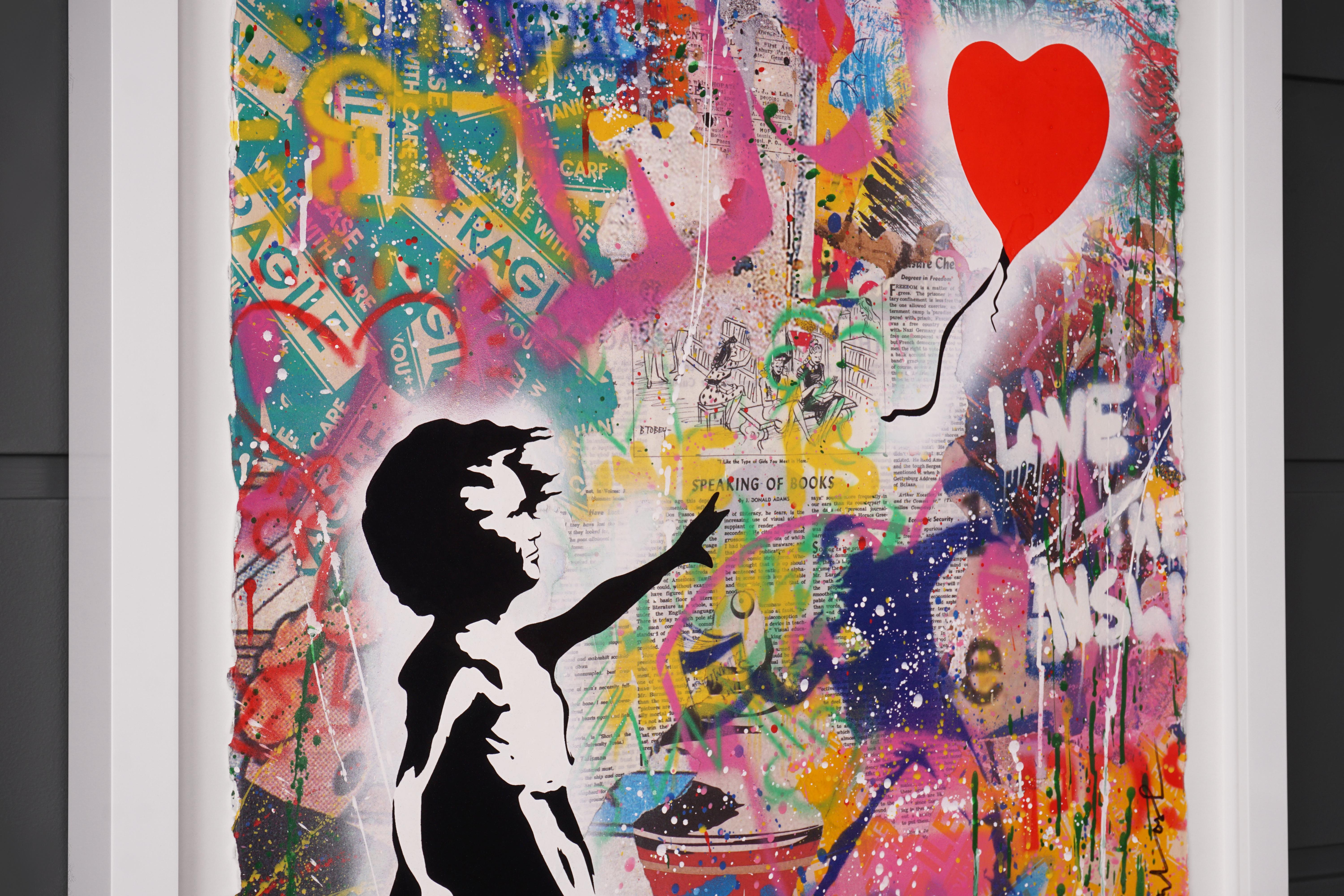 The ‘Balloon Girl’ by french contemporary artist Mr. Brainwash was created in 2020 in his signature style of layering paint, stencil, and mixed media on paper to create a cultural commentary in vibrant visual format. This piece is a unique work, an