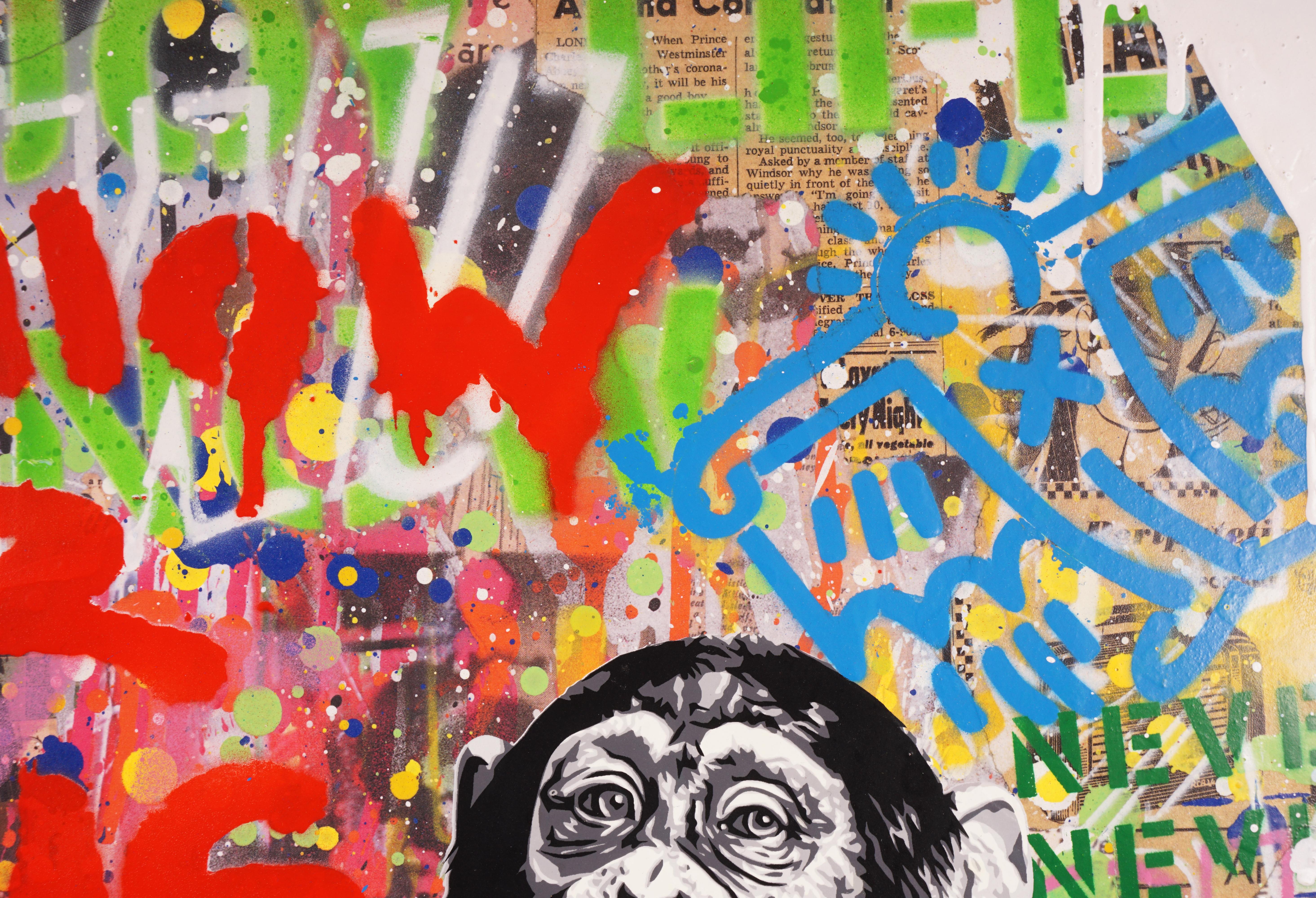 The unique street pop art 'Enjoy Life' monkey painting by french contemporary street-artist, Mr. Brainwash was created in 2021. The brightly spray painted, layered, and paint dripped signature style of the contemporary artist has become an instantly
