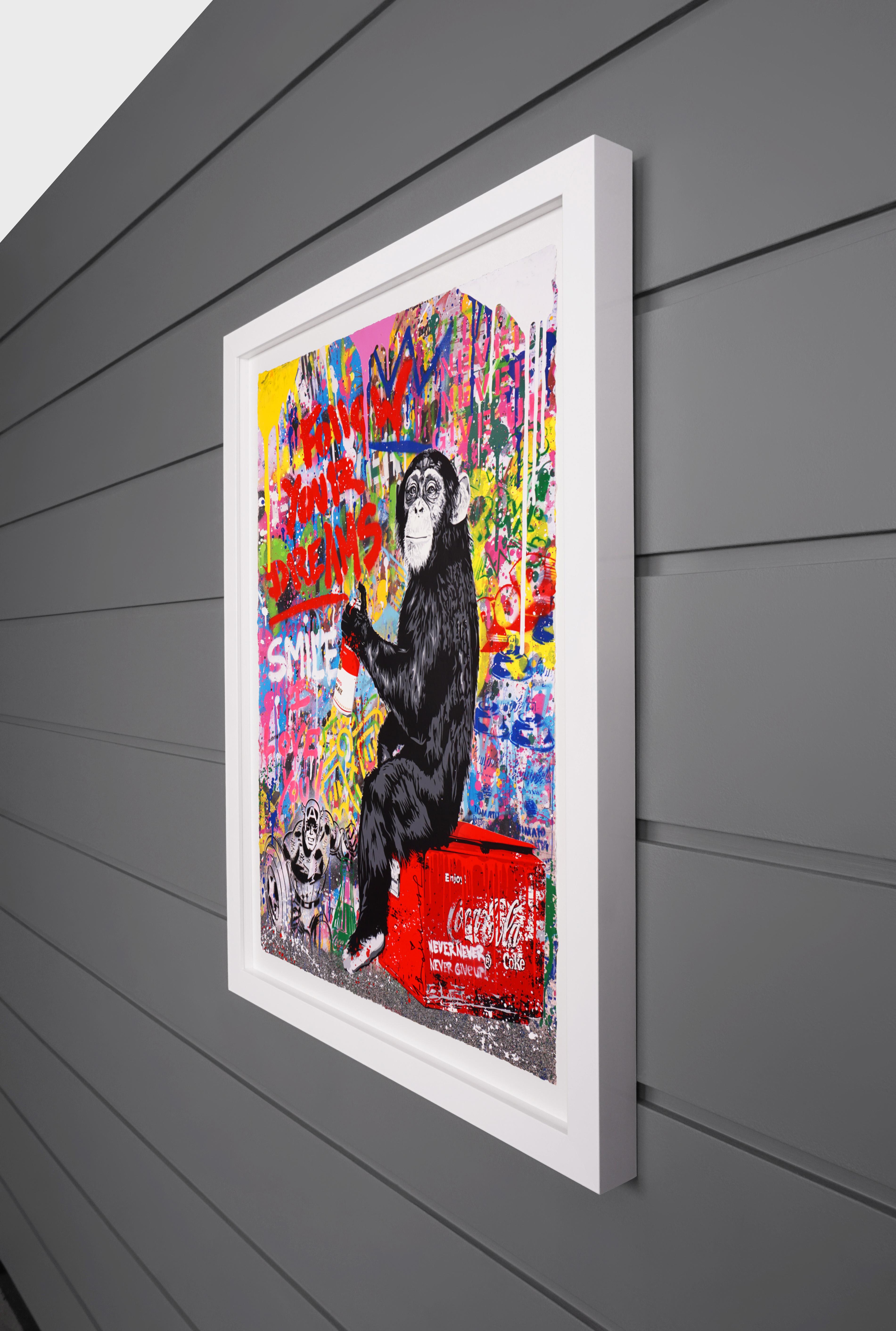 The unique street pop art 'Follow Your Dreams' monkey painting by french contemporary street-artist, Mr. Brainwash was created in 2021. The brightly spray painted, layered, and paint dripped signature style of the contemporary artist has become an