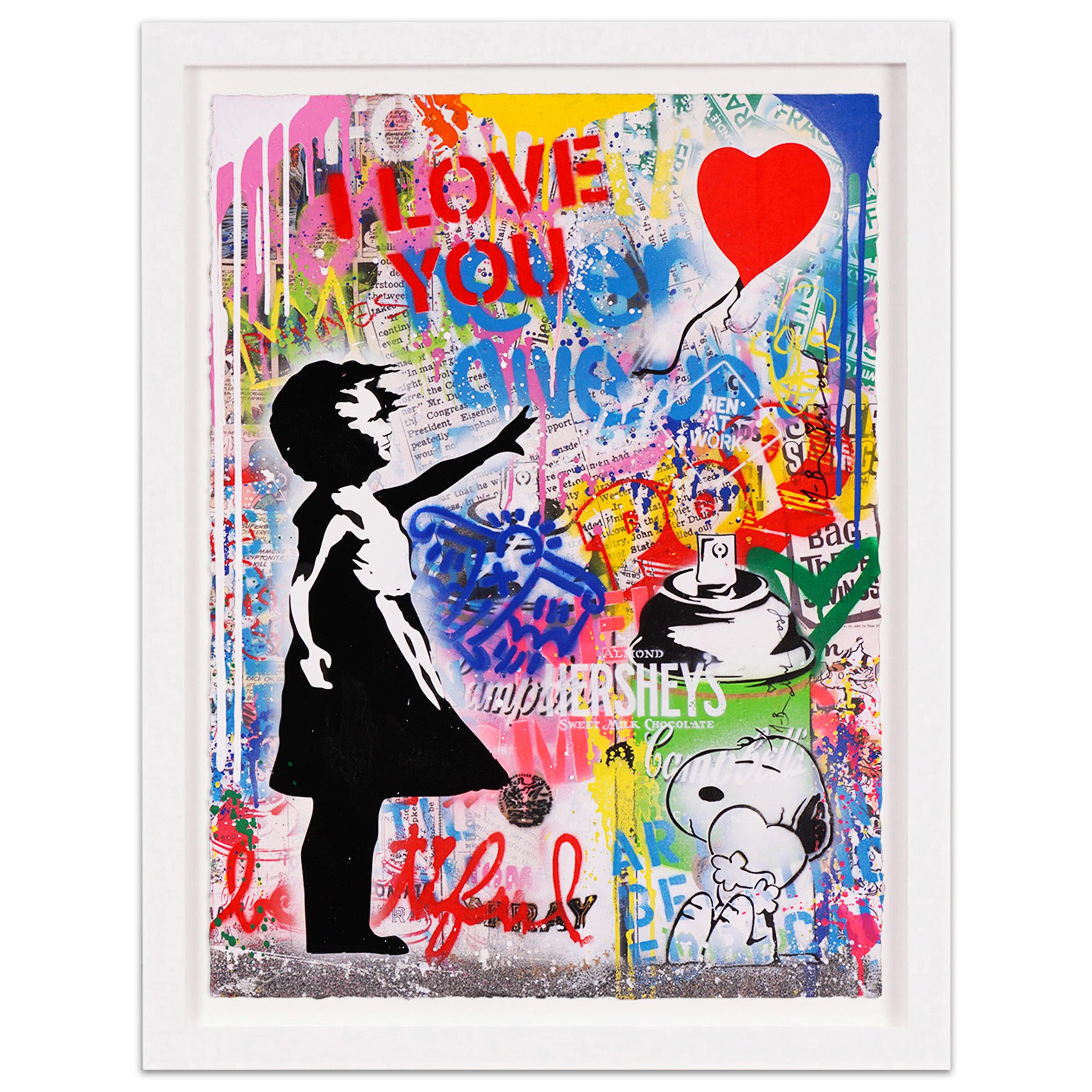 The graffiti street-art meets fine-art 'I Love You' Small Balloon Girl is a pop art masterpiece made with vibrant dripping acrylic paint, layered stencil, and mixed media, created in 2021 by contemporary street pop artist, Mr. Brainwash. The boldly