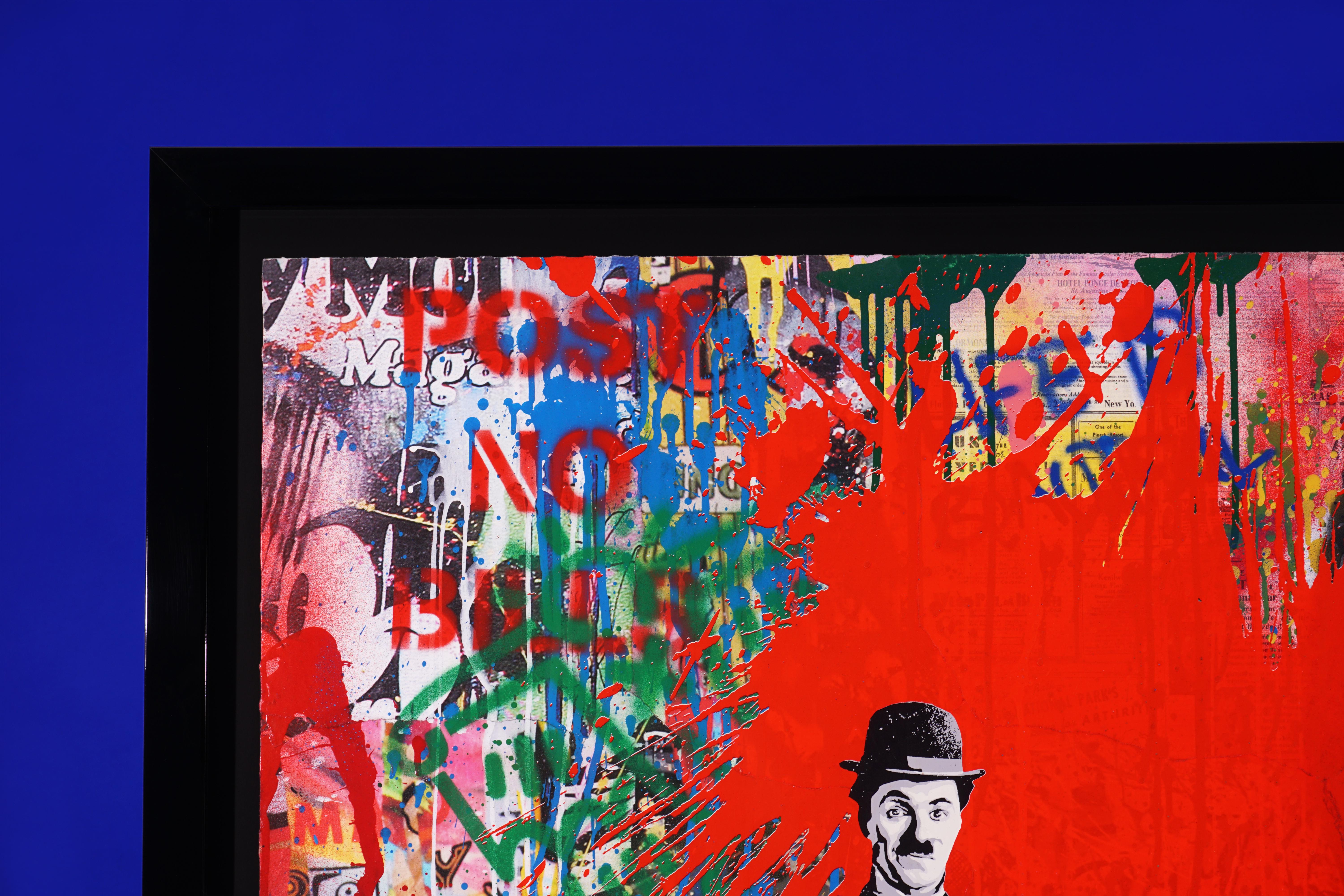 The ‘Juxtapose’ by french contemporary artist Mr. Brainwash was created in 2020 in his signature style of layering paint, stencil, and mixed media on paper to create a cultural commentary in vibrant visual format. This piece is a unique painting on