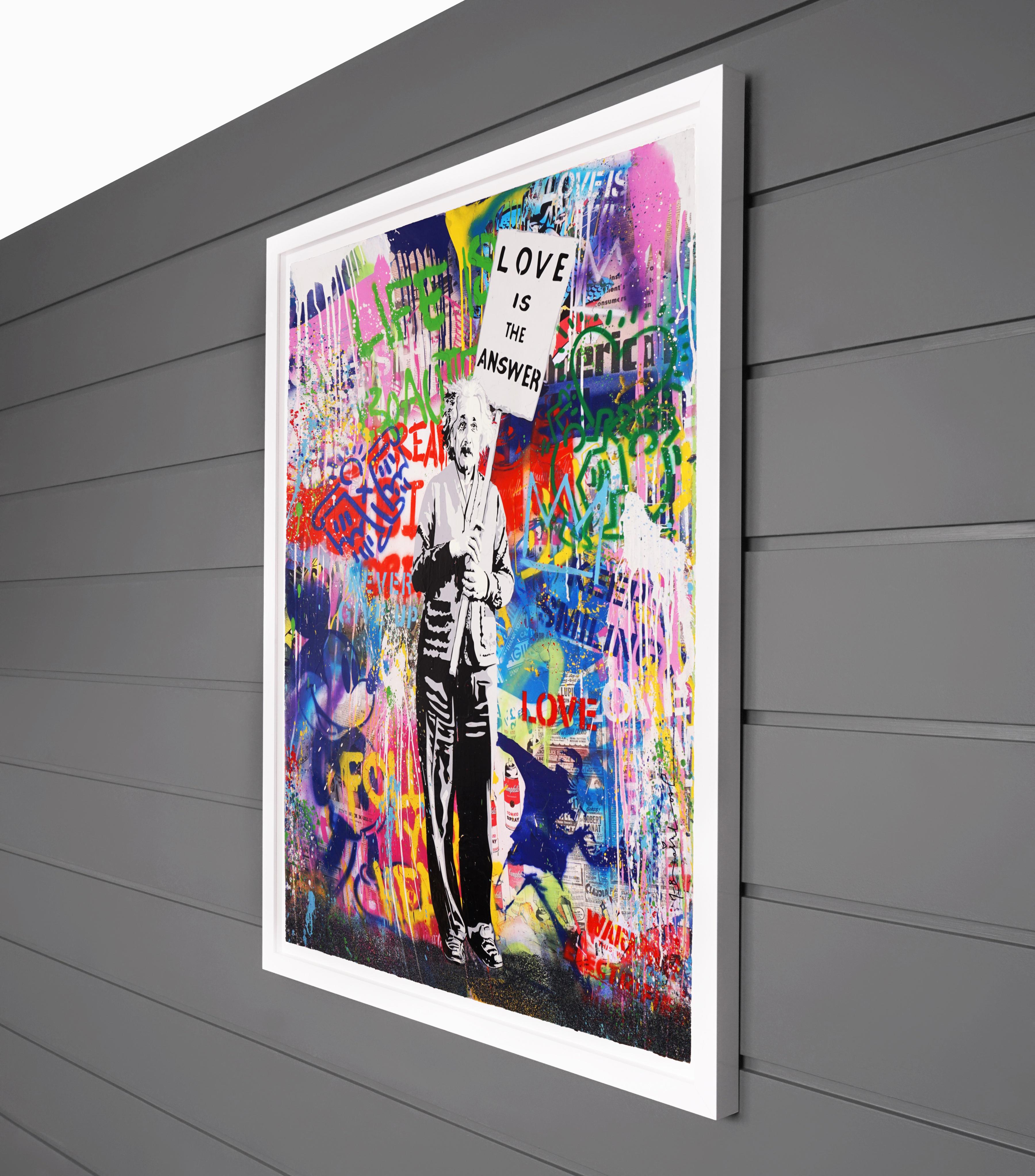The graffiti street-art meets fine-art 'Love Is The Answer' is a pop art masterpiece made with acrylic paint, stencil, and mixed media on paper, created in 2021 by contemporary street-artist, Mr. Brainwash. The bold stenciled text, layers of