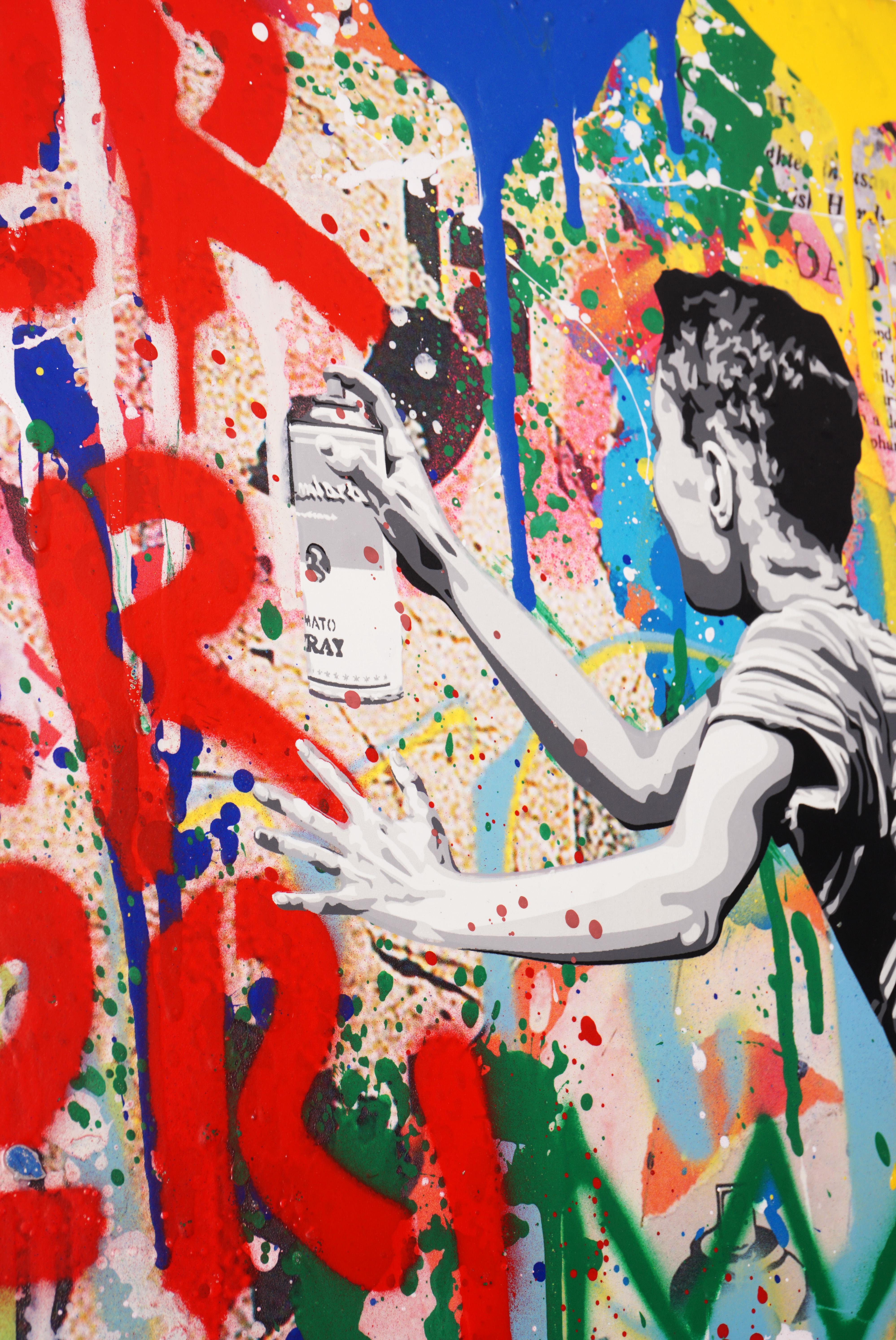 The graffiti street-art meets fine-art 'Never Give Up' is a pop art masterpiece made with dripping multicolor acrylic paint, layered stencil, and mixed media on paper, created in 2021 by contemporary street-artist, Mr. Brainwash. The boldly