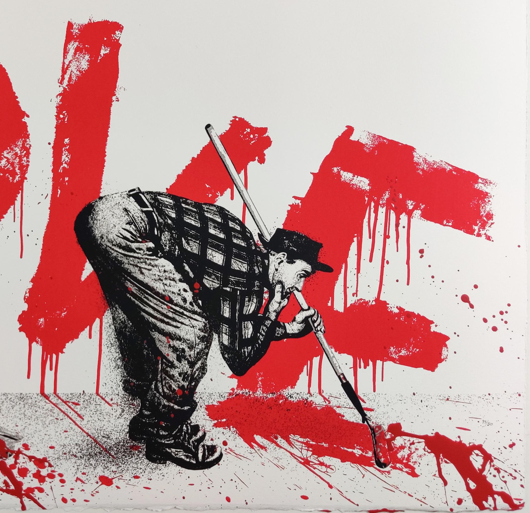 All You Need Is, (Love) by Mr. Brainwash. Contemporary art print from an edition of 50. Screenprint with hand painting on hand torn archival paper making each piece unique. Dimensions of 22.5 in x 30 in released in 2018.   Vibrant red on white which