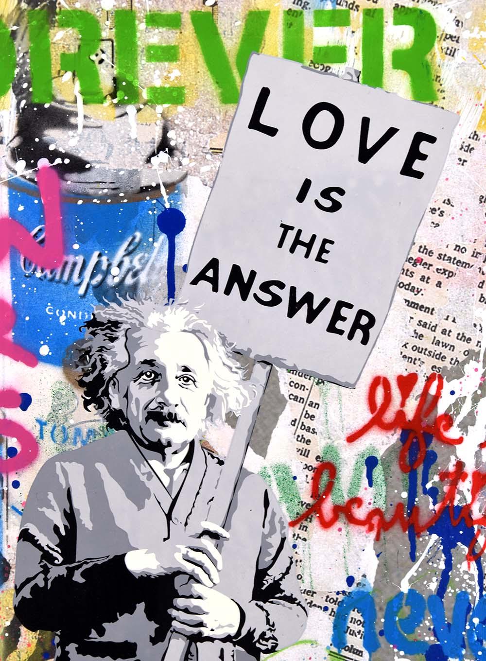 Mr. Brainwash Einstein, 2022 is a vibrant and stimulating work featuring Albert Einstein, a pillar of history and modern physics, amid the color and cacophony of modern life. Einstein, the central and only figure, holds a sign stating “Love is the