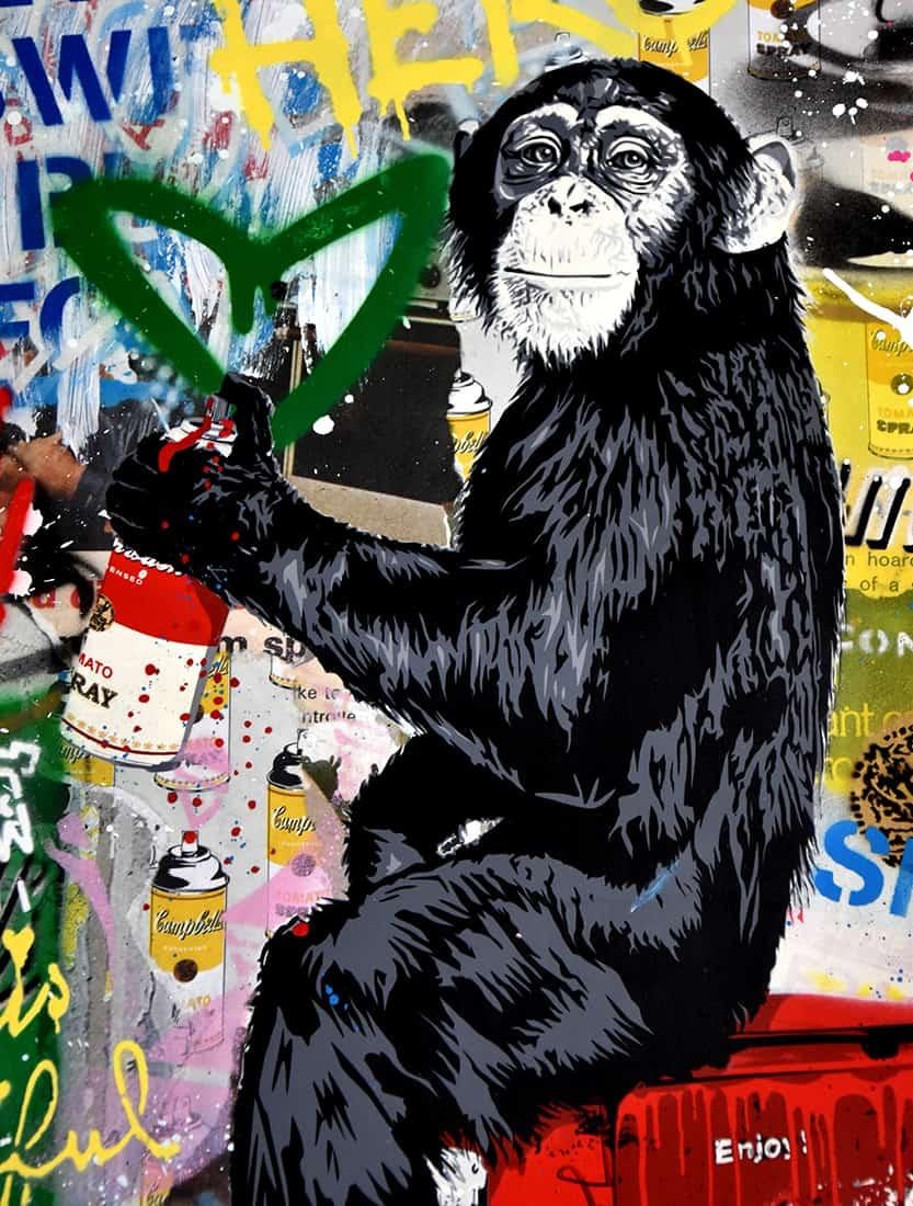 Mr. Brainwash Everyday Life, 2023 is a playfully rich composition of Jackson Pollock-esque paint splatters, stenciled forms, and culturally significant imagery. A thoughtful baby chimp looks over its shoulder, brandishing a can of spray paint