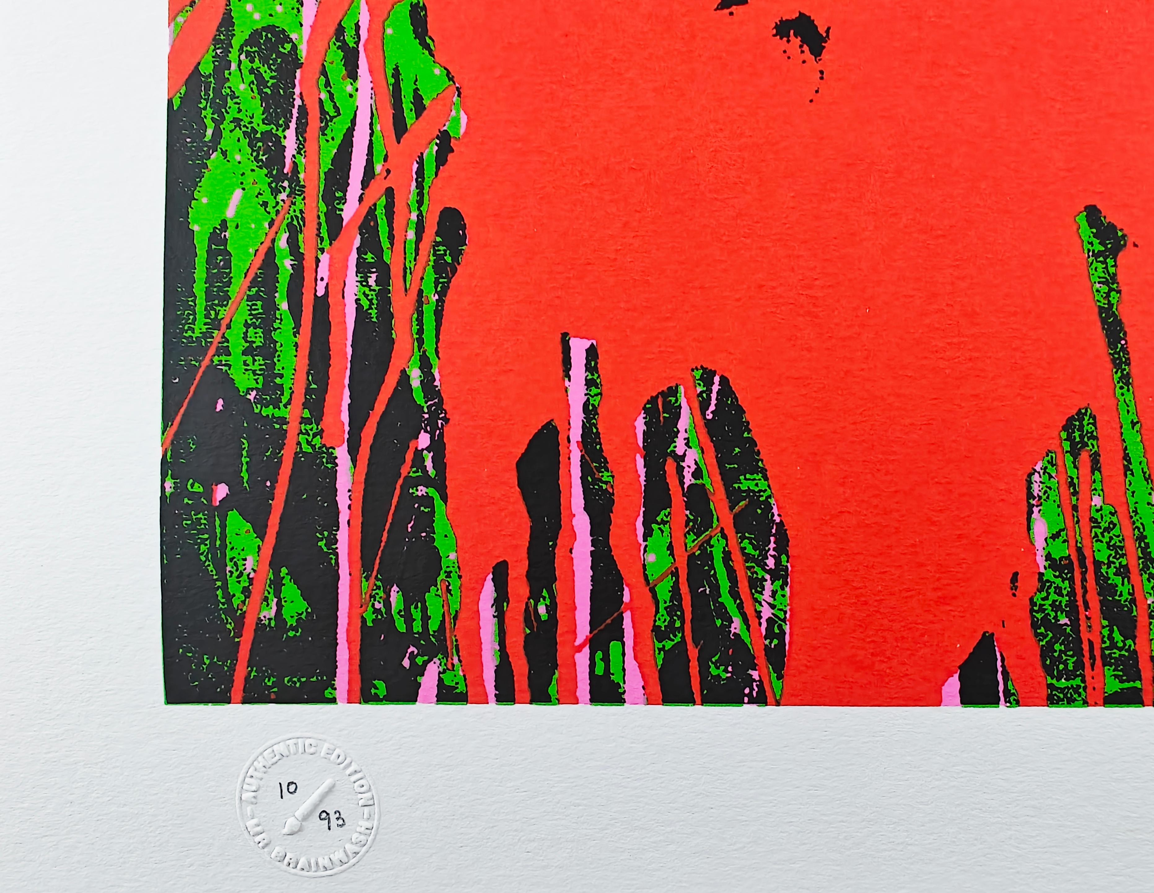 Flowarh$, Archival Paper with dimensions of 24 x 24 in.
 6-color screenprint
Edition of 93
Signed and thumb printed by the Artist

Pop art would not exist without the iconic Andy Warhol, who would have been 93 years old this year. His artwork