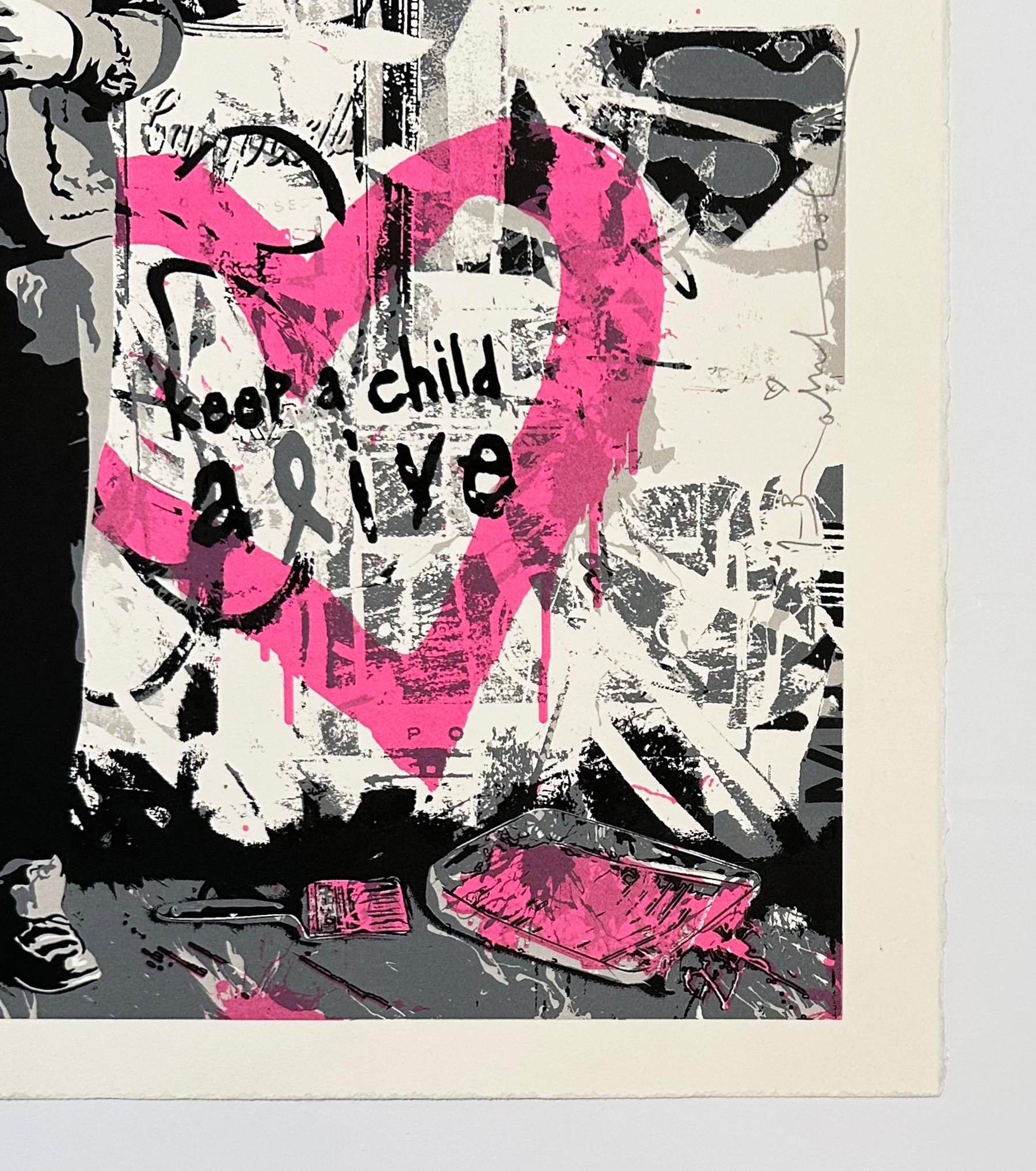 Keep a Child Alive (Pink) - Gray Figurative Print by Mr. Brainwash